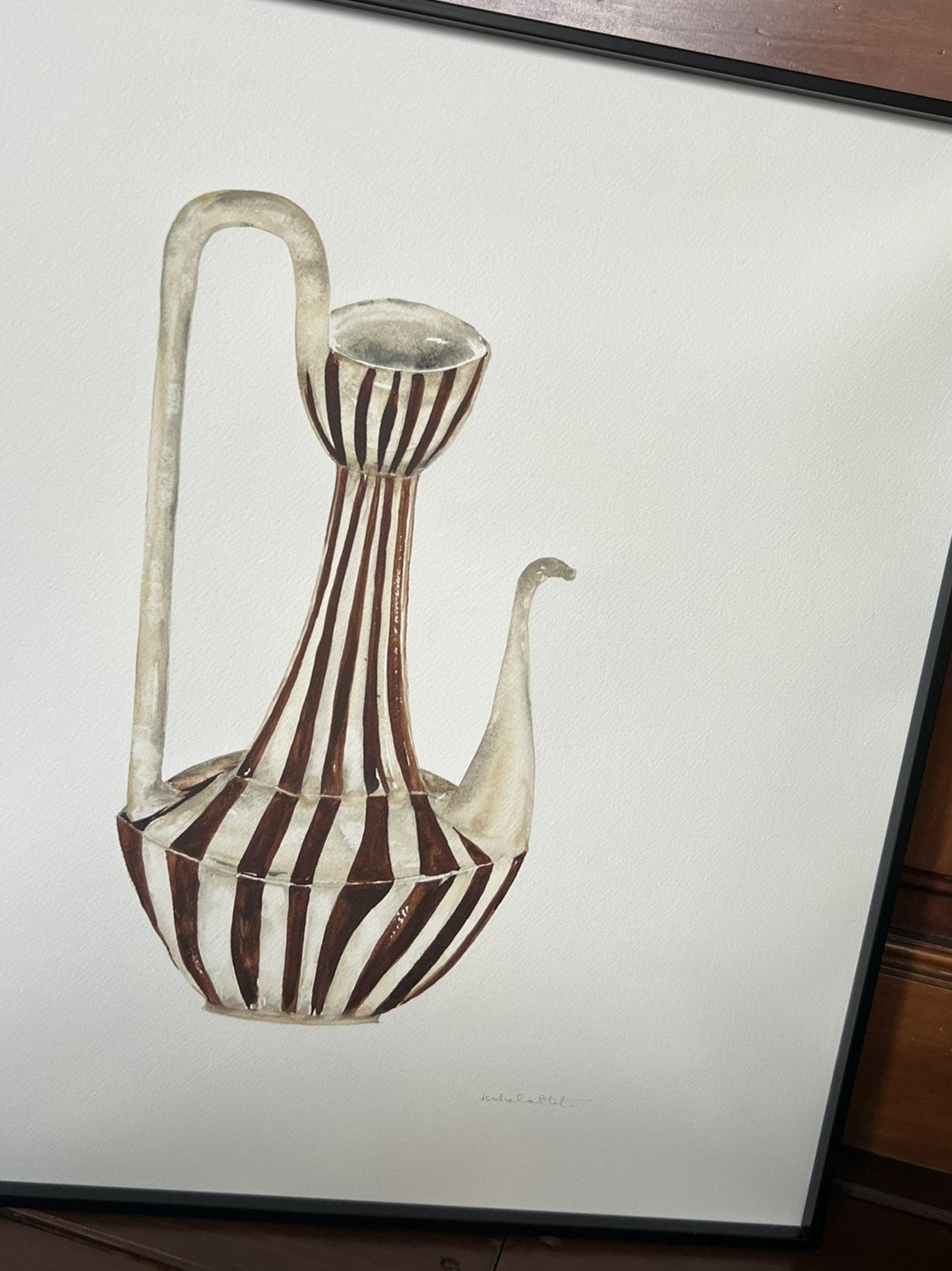 Lateral cuadro pintado en acuarela de un recipiente antiguo de barro
