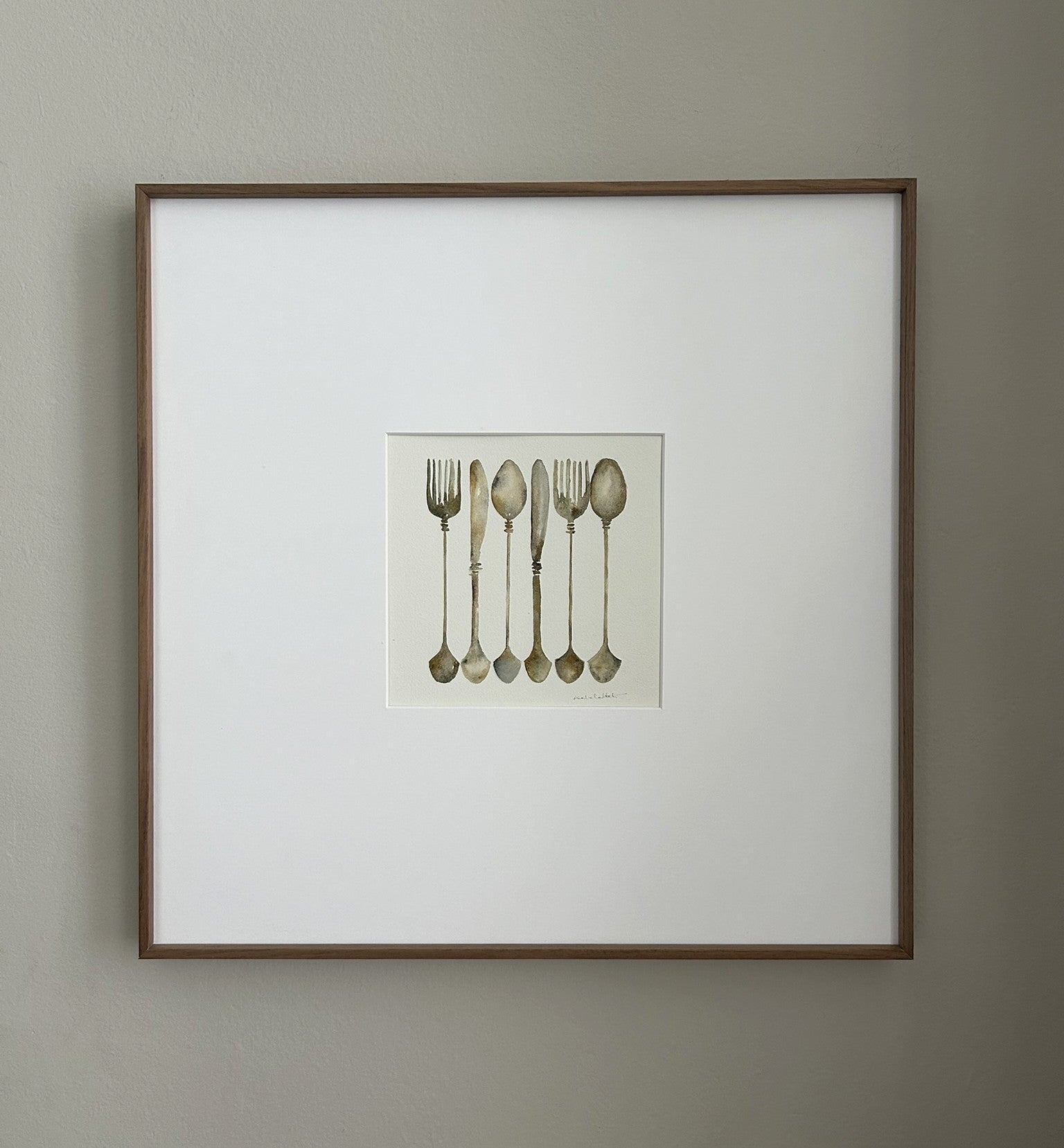 Cuadro decorativo de una cubertería pintada a mano con acuarela, elegante, para decorar cocinas y comedores estilo revista El Mueble
