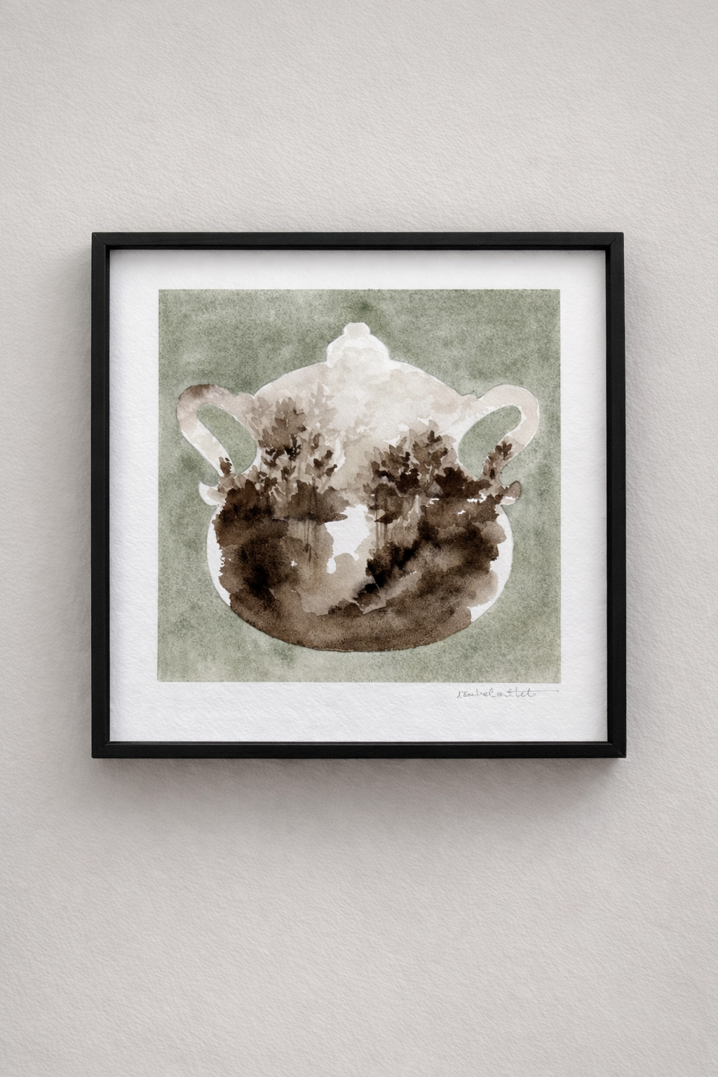 Cuadro original de una tetera antigua en tonos verdes y marrones