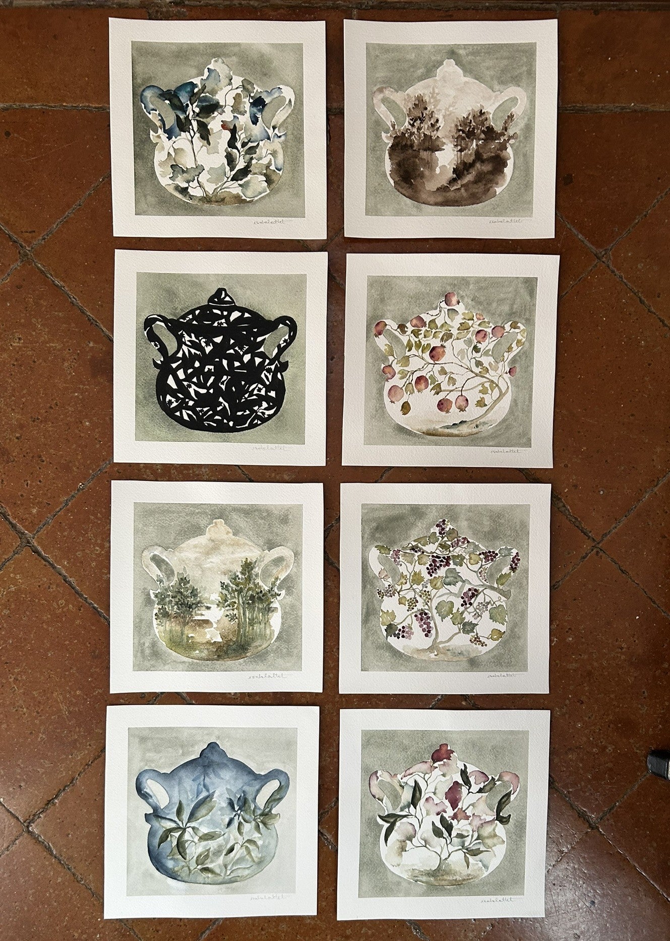 Conjunto de dibujos originales de teteras distintas para colgar en la cocina o el comedor