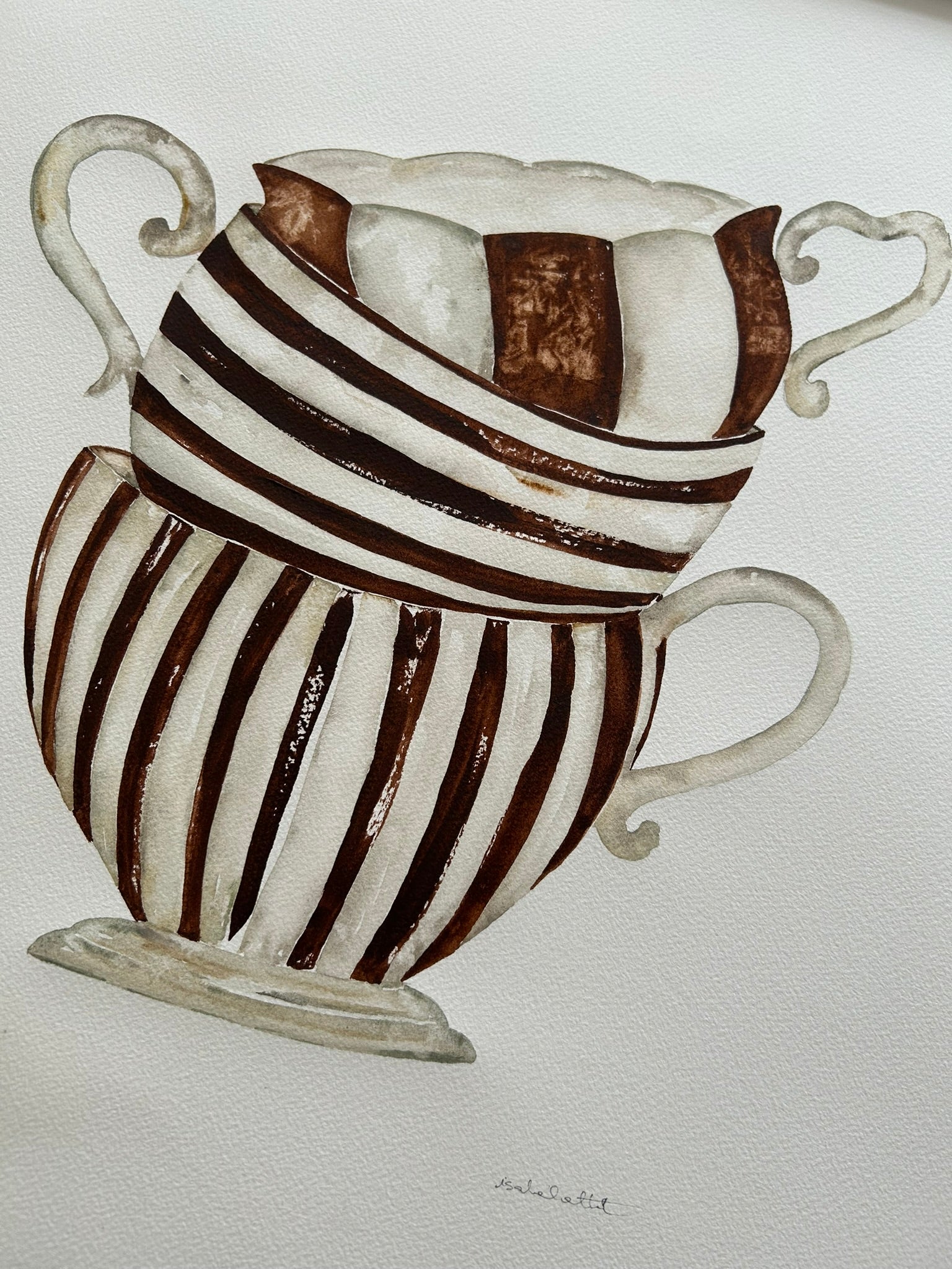 Textura del papel de acuarela con dibujo de tazas con rayas en tonos tierra