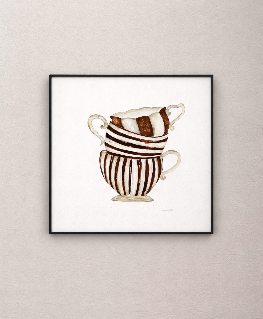 Cuadro en acuarela con tazas en tonos tierra, con rayas, enmarcado, ideal para cocina