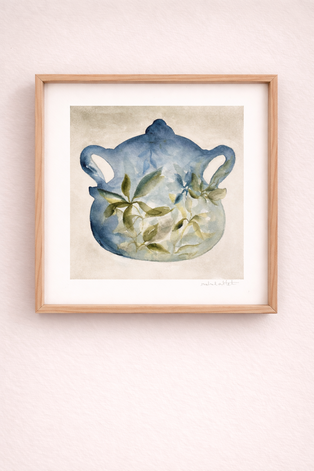 Cuadro decorativo tetera de color azul con hojas verdes pintada a mano