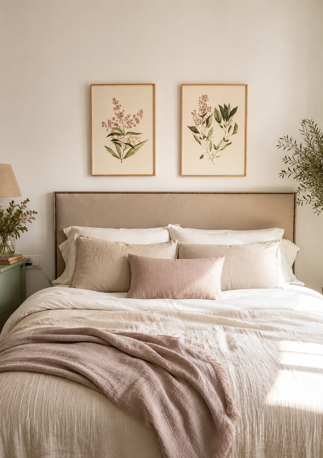 Pareja de cuadros botánicos colgados encima del cabecero de la cama, dormitorio rústico-romántico. Cuadros pintados a mano por Isabel Altet
