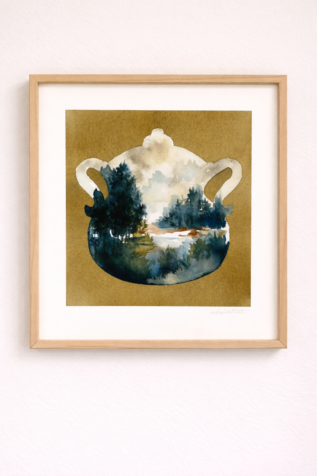 Cuadro original pintado a mano de una sopera en tonos ocre y azul oscuro, ideal para cocina o comedor