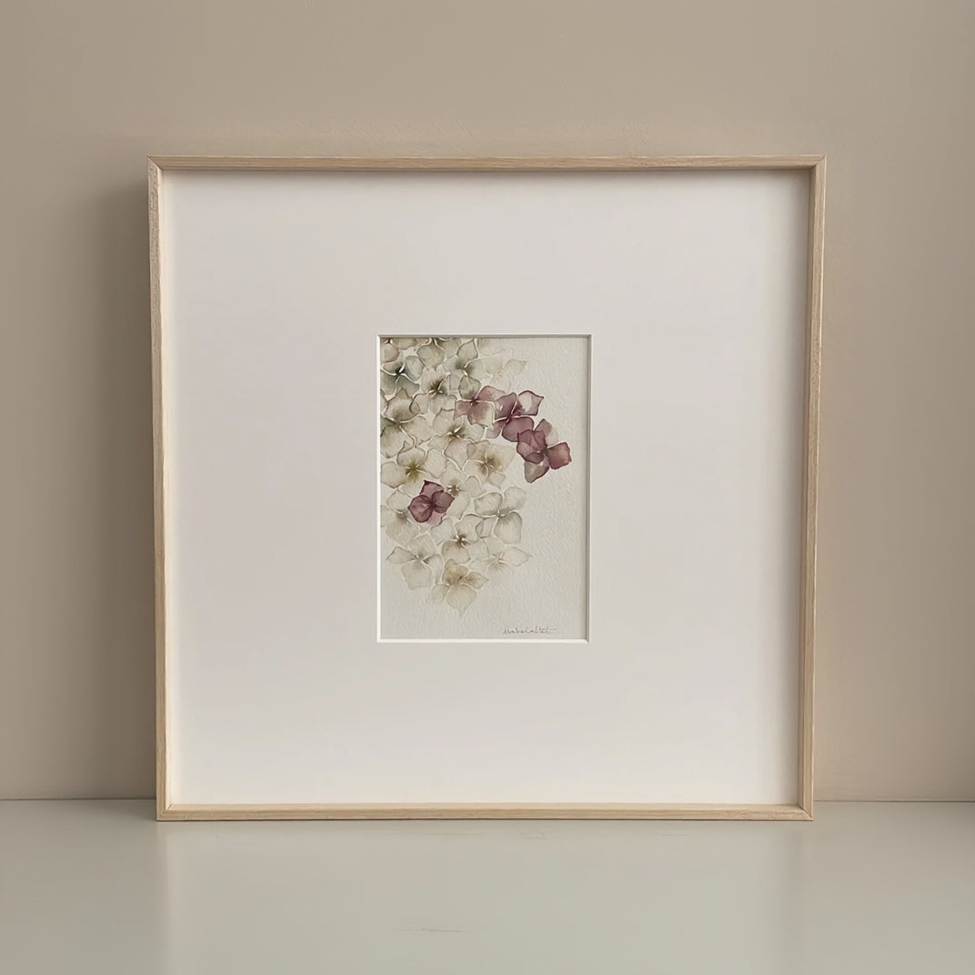 Cuadro decorativo obra original pintada a mano por Isabel Altet hortensia en tonos rosa palo