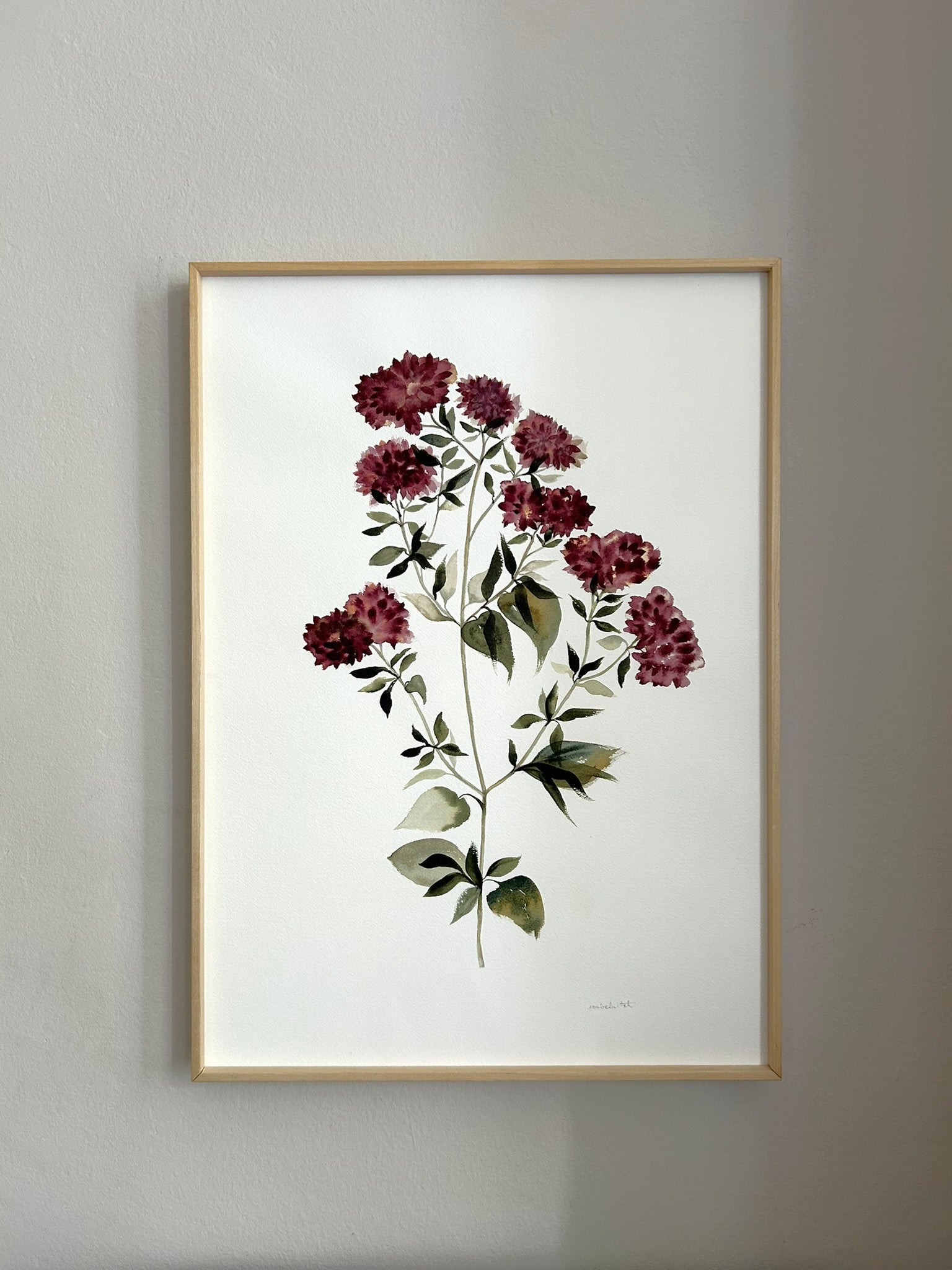 Cuadro botánico para decorar casas con encanto, de tonos burdeos, rosados y verdes, ideal para el salón, comedor o dormitorio.