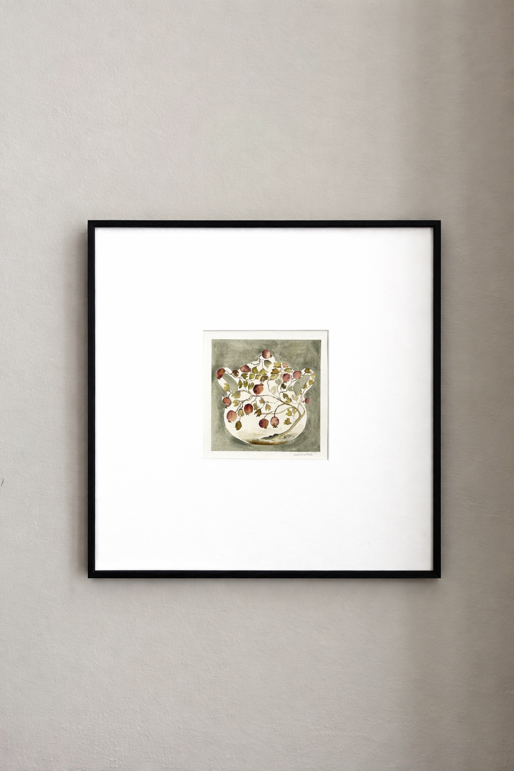 Cuadro decorativo obra original para cocina o comedor colgado en la pared y enmarcado en negro