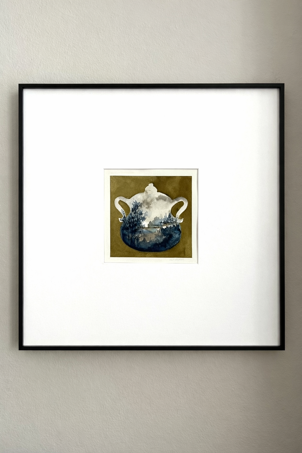 Cuadro decorativo obra original sopera en tonos ocre y azul cobalto