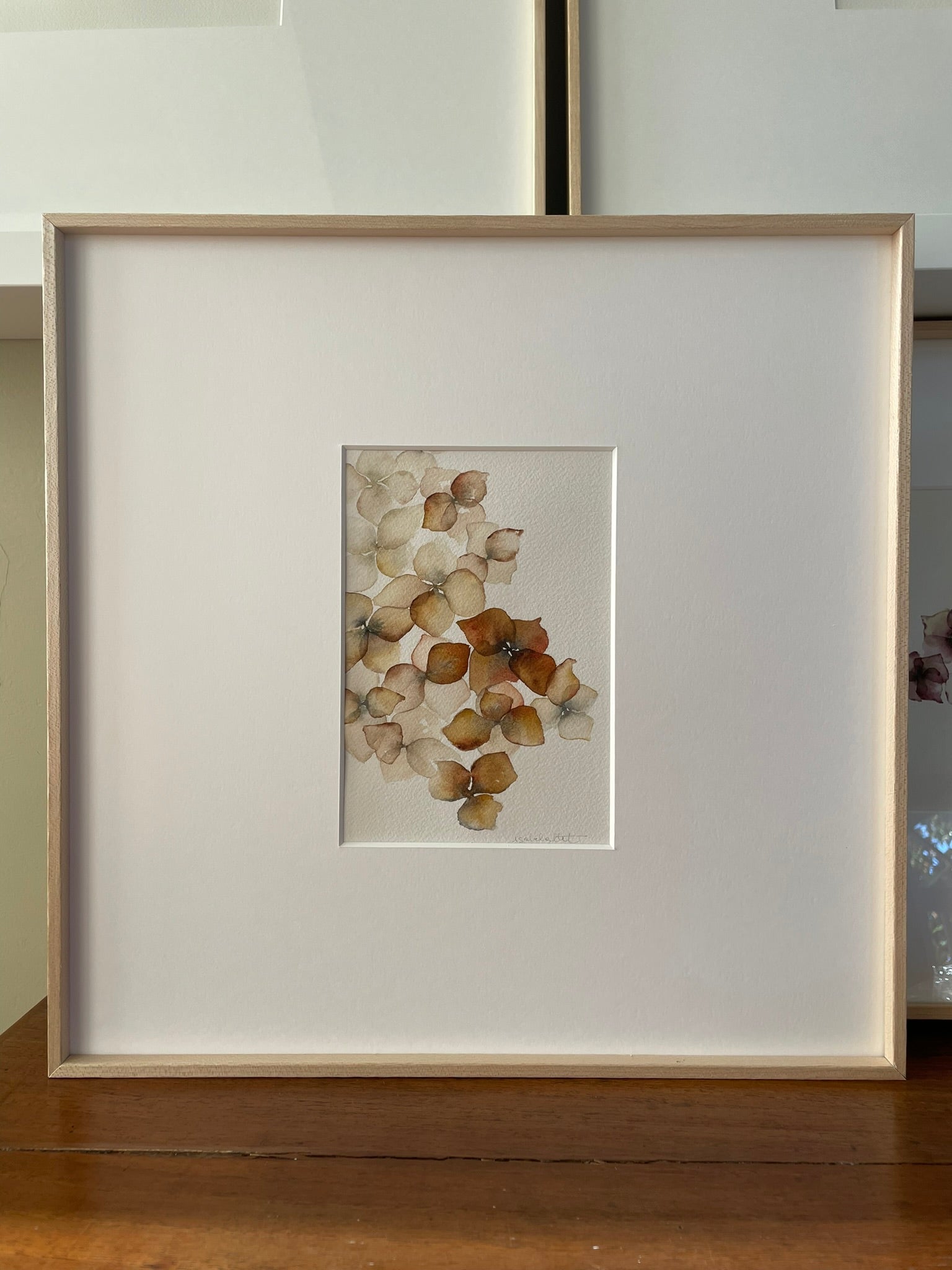 Cuadro hortensia con pétalos en color anaranjado hecho a mano por Isabel Altet
