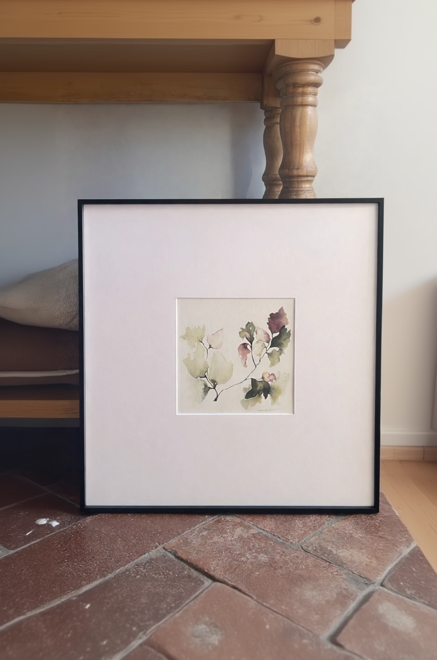 Cuadro con motivos florales, cuadrado de 50x50cm, pintado a mano en acuarela y enmarcado en negro