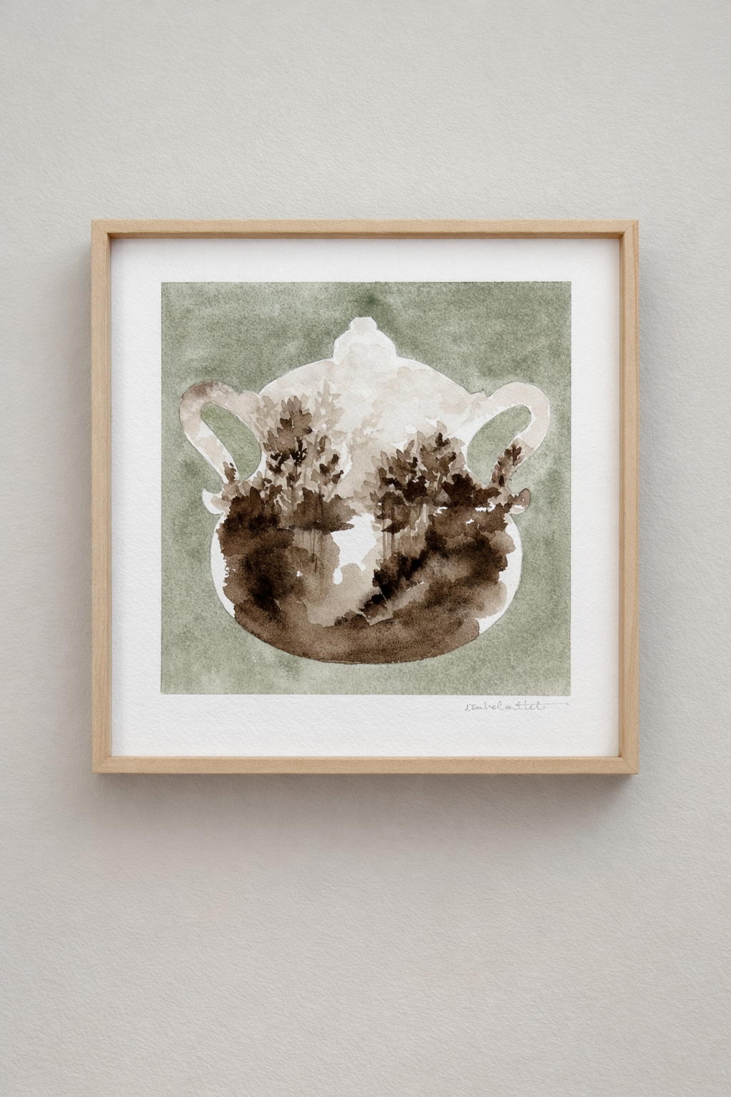 Cuadro decorativo pieza única para decorar la cocina o el comedor. Tetera en tonos verdes y tierra