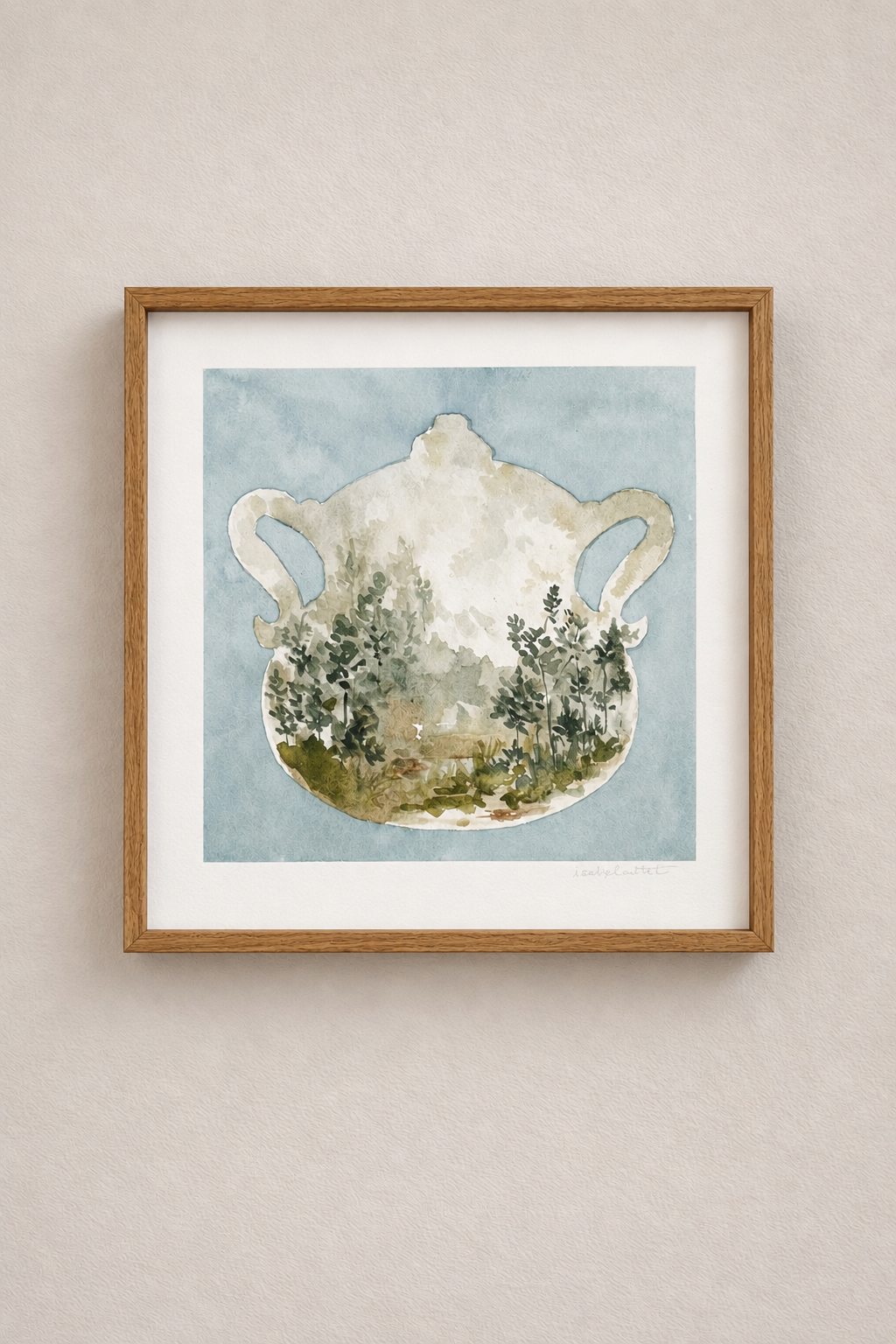 Cuadro pintado en acuarela para cocina o comedor, obra original de Isabel Altet de una sopera antigua en tonos azules y verdes. Enmarcado en roble