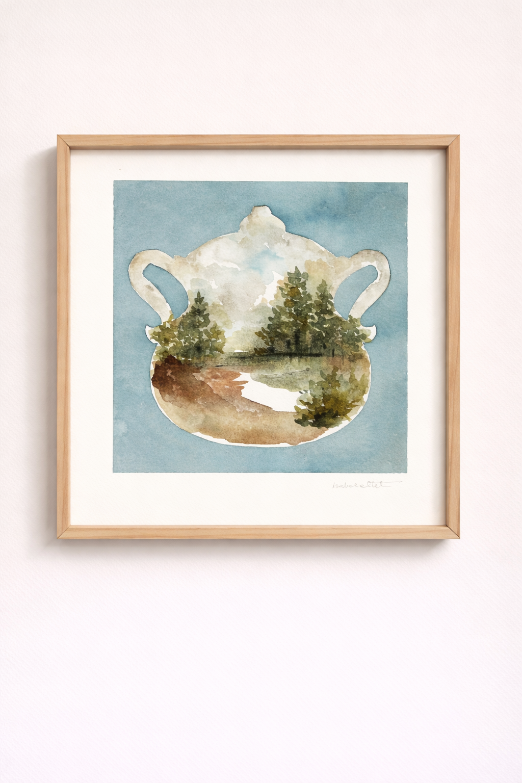 Cuadro decorativo para cocina o comedor, hecho a mano, de una sopera con un fondo azul y un dibujo de un paisaje en su interior