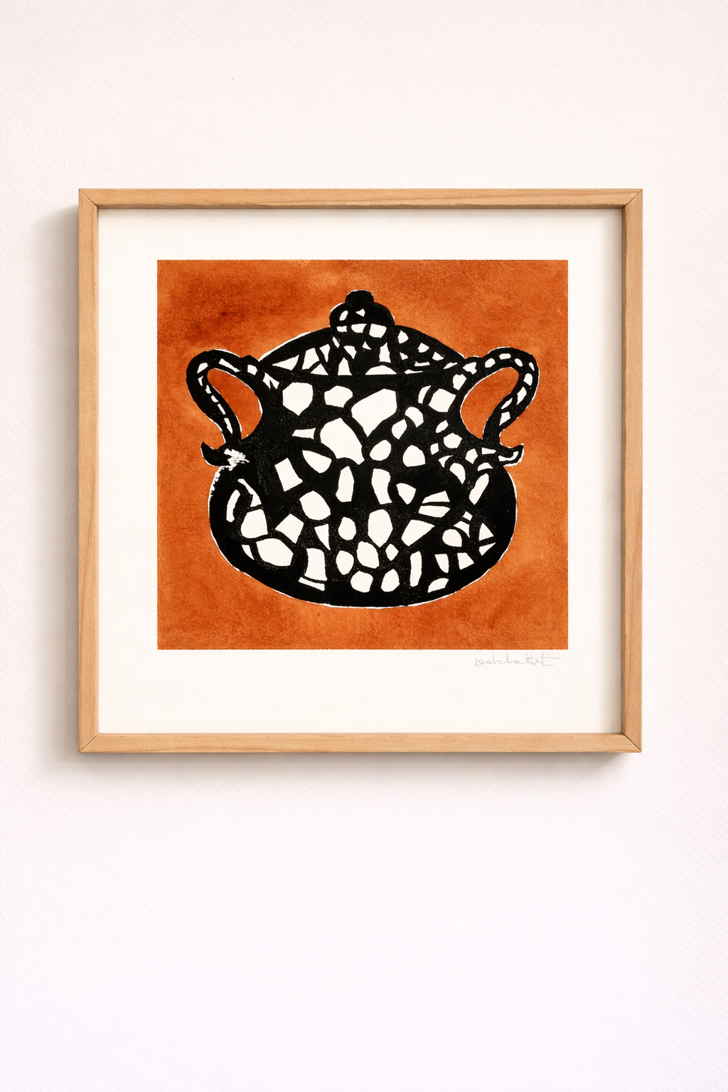 Cuadro decorativo para cocina o comedor, hecho a mano, de una sopera con un fondo naranja y un dibujo mosaico en negro