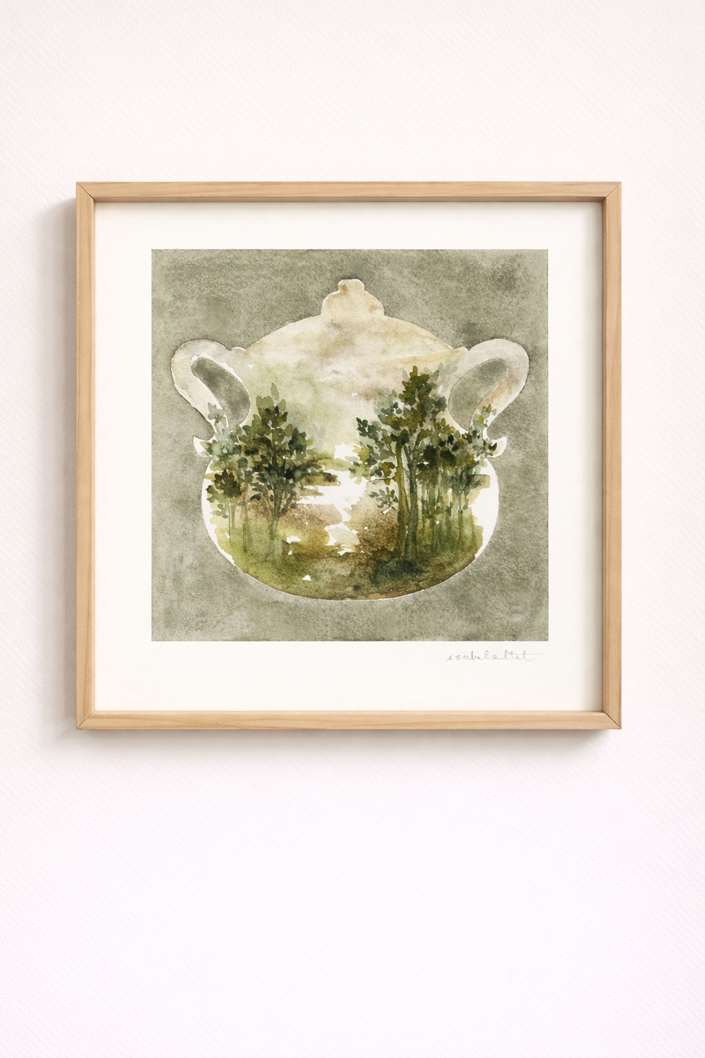 Cuadro decorativo para cocina o comedor, hecho a mano, de una sopera con un fondo verde y un dibujo de un paisaje sereno en su interior
