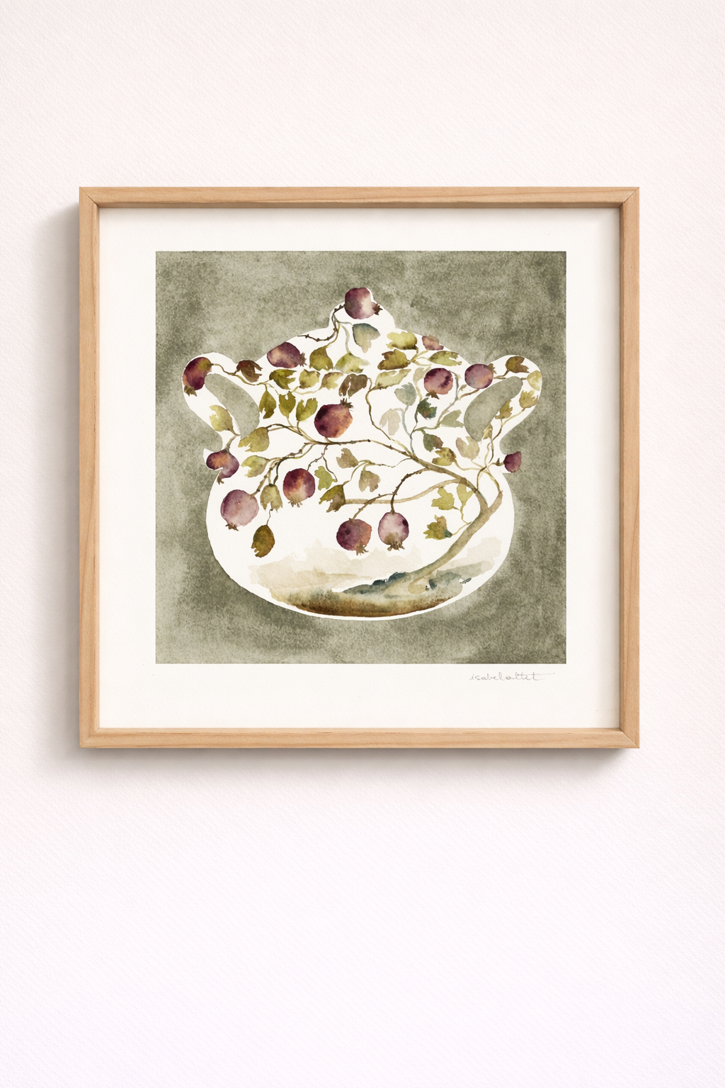 Cuadro decorativo para cocina o comedor, hecho a mano, de una sopera con un fondo verde y un dibujo de una granada en su interior