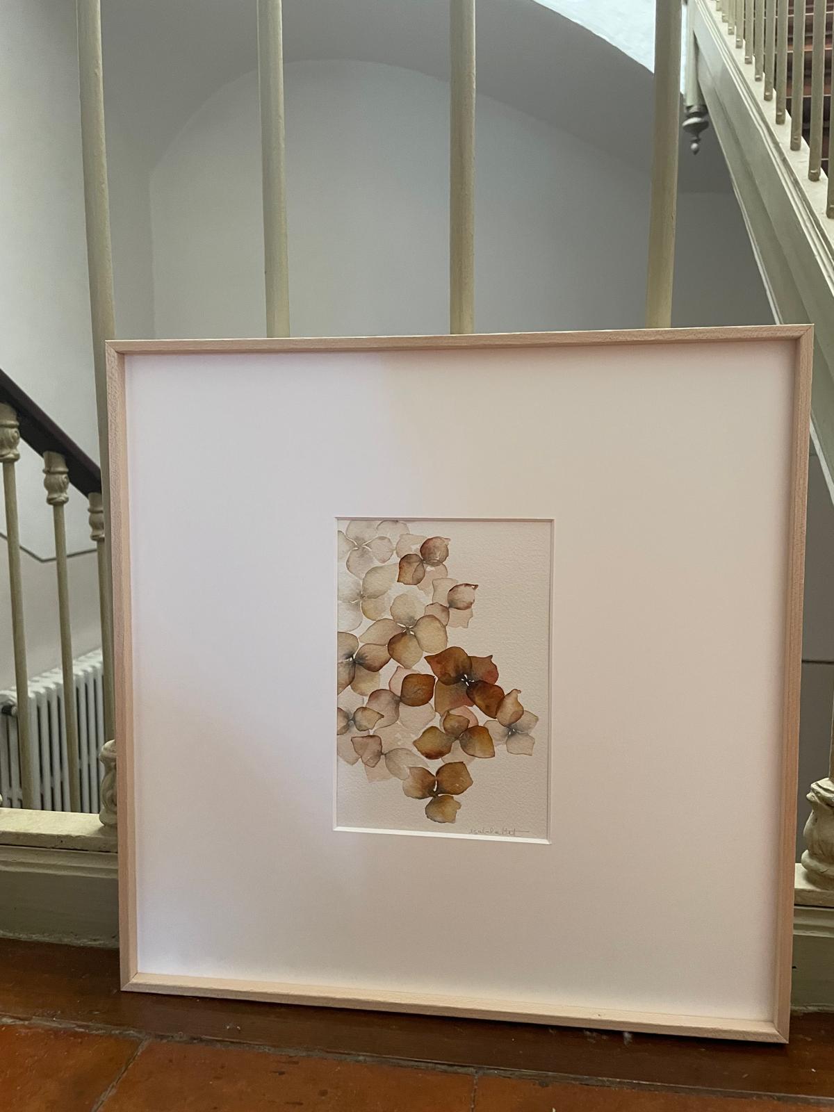 Cuadro pintado a mano para salón, dormitorio o rincón con encanto de una hortensia en tonos anaranjados