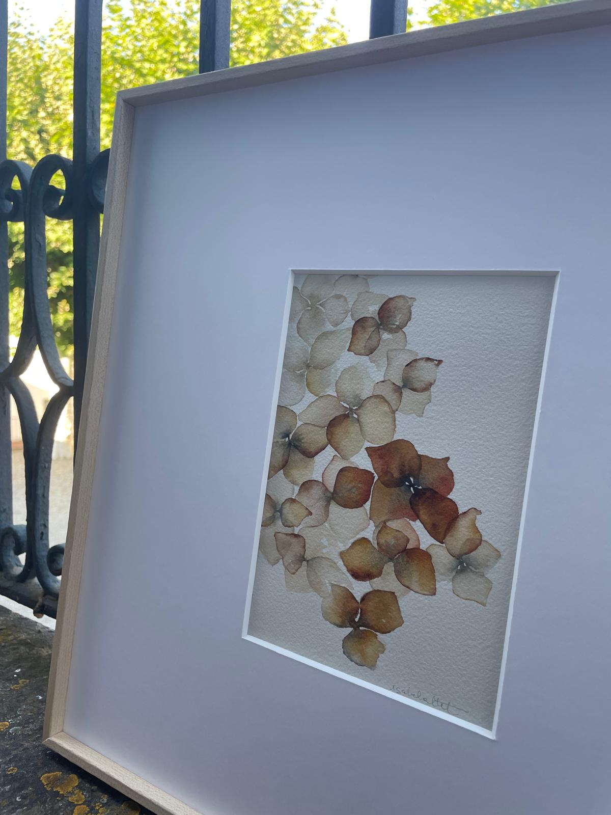 Cuadro decorativo pétalos hortensia de colores naranjas, marrones, beige. Para dormitorio, comedor o pasillo