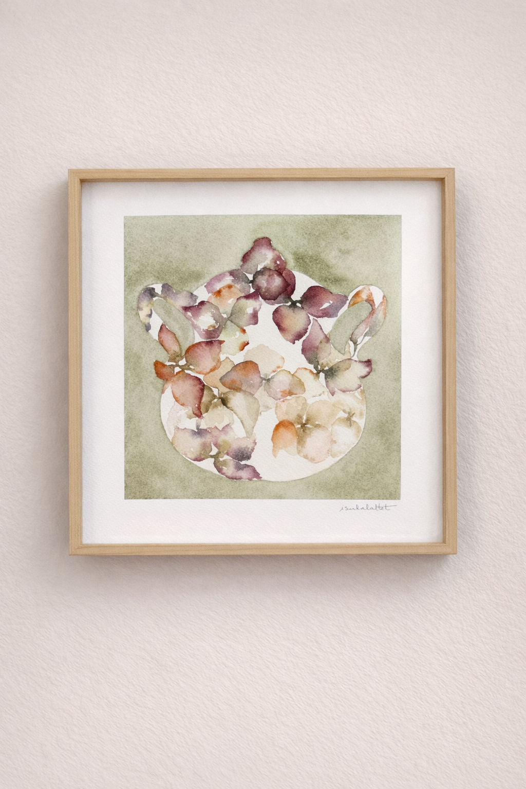 Cuadro decorativo pintado a mano en acuarela en tonos alegres: verdes, lilas y rosas