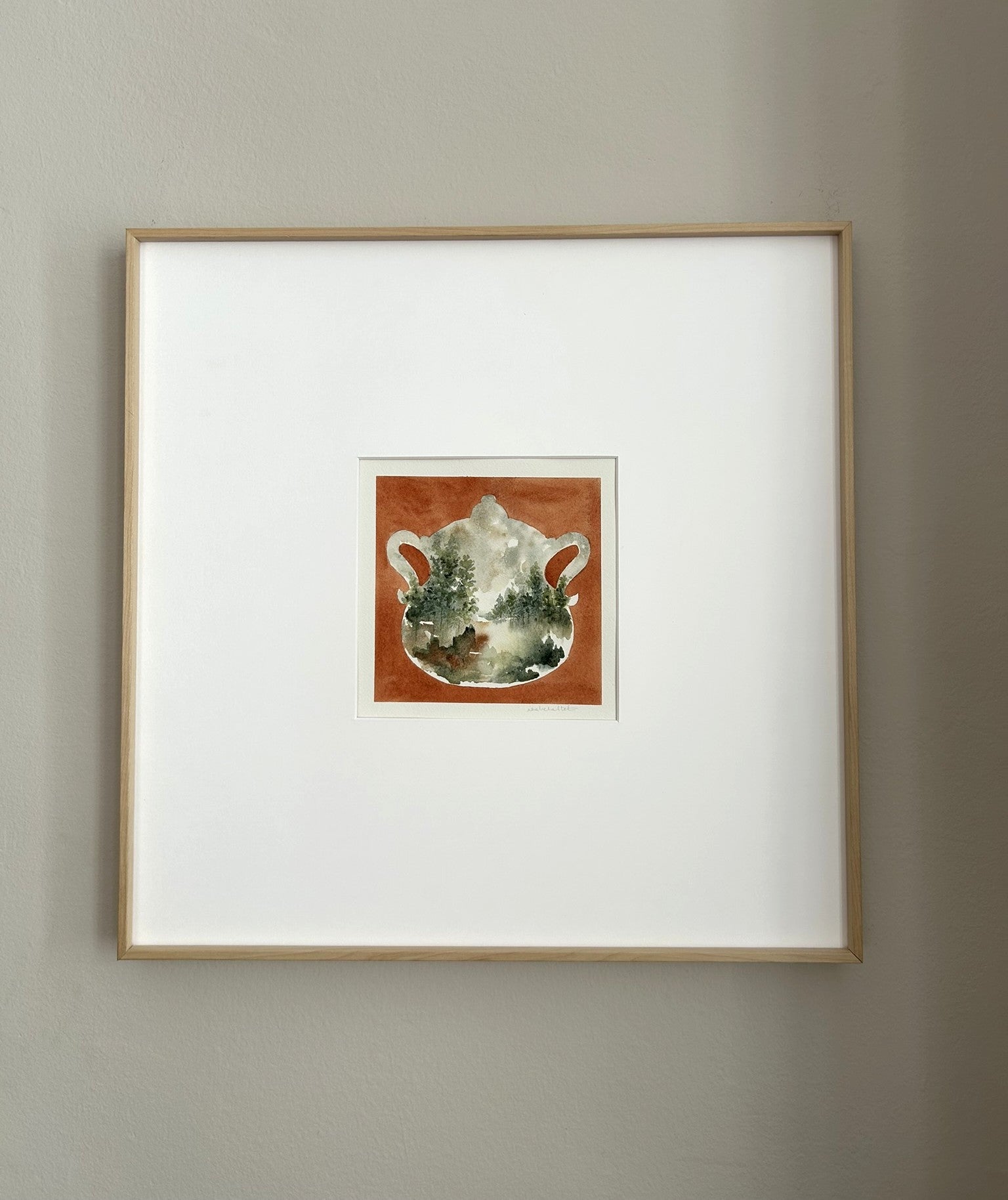 Cuadro sopera con paisaje verde y fondo naranja, obra original de Isabel Altet para la cocina o el comedor