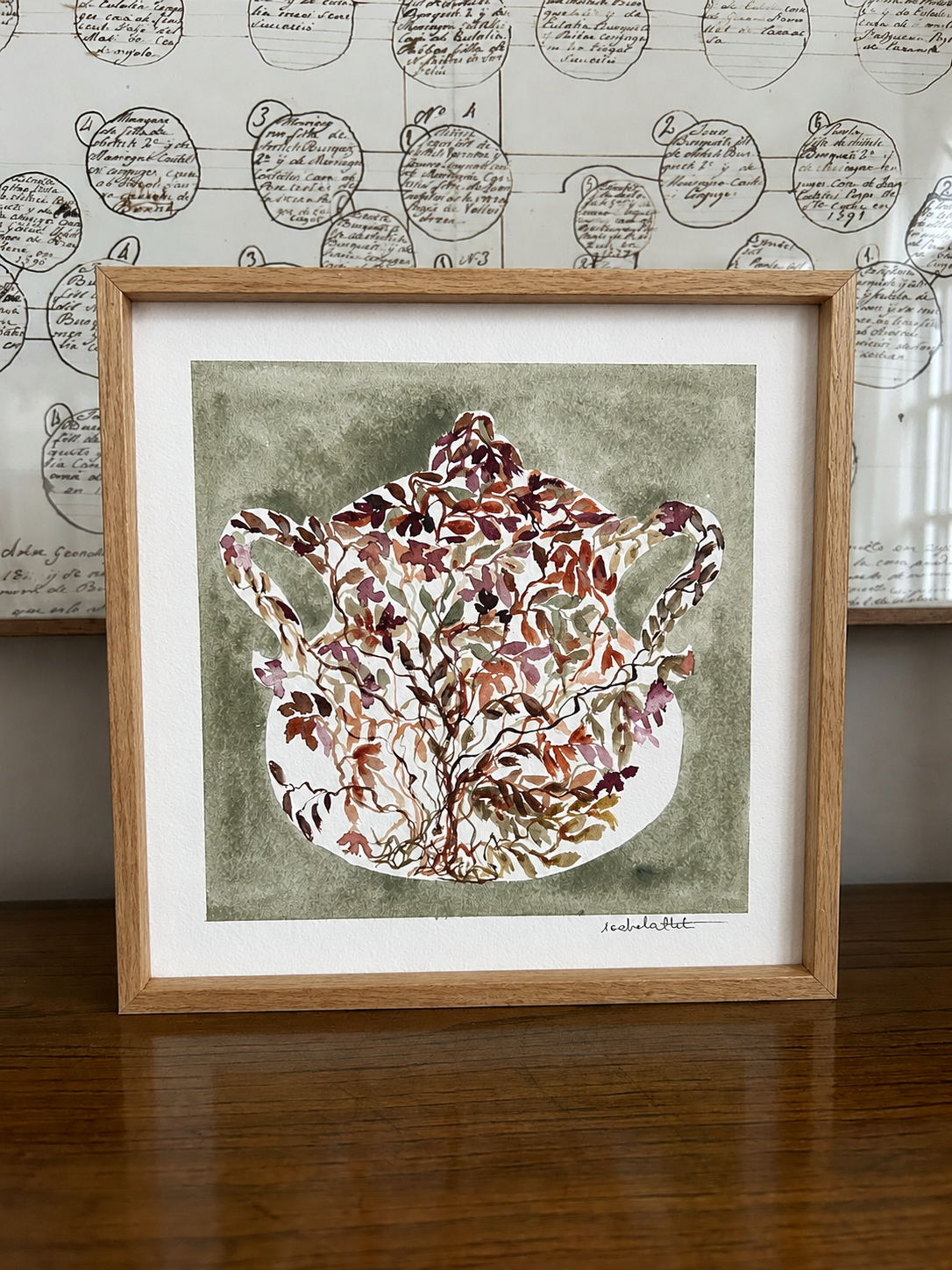 Cuadro decorativo pequeño para rincones con encanto de la cocina o el comedor, pintado a mano en acuarela, enmarcado en roble