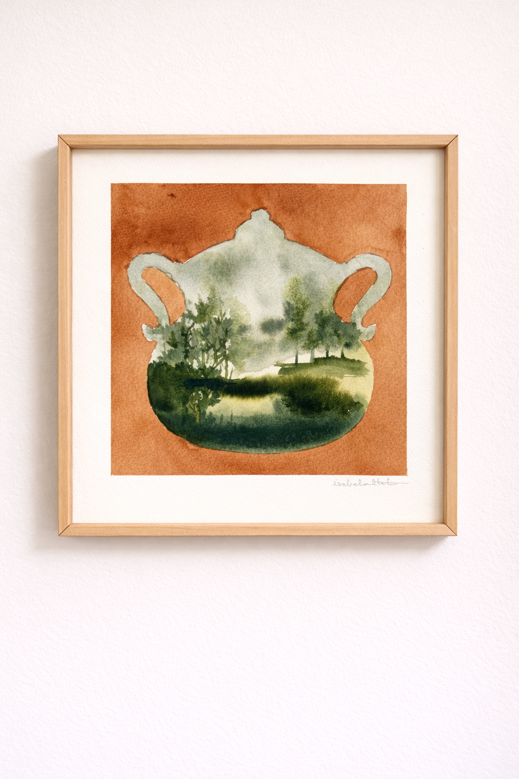 Cuadro pintado a mano de una sopera con un fondo color teja y un paisaje en verde en su interior