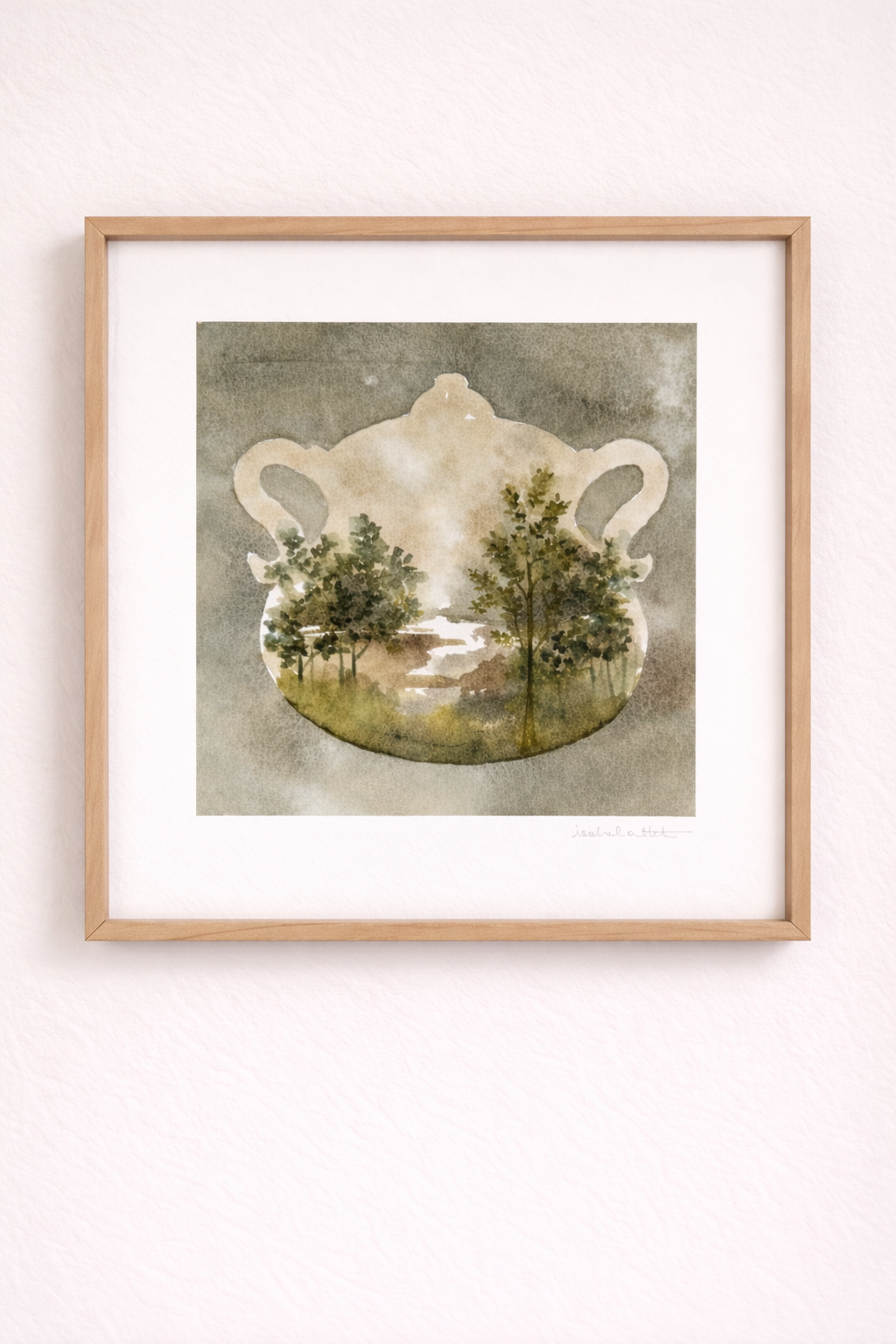 Cuadro sopera pintado en acuarela en tonos verdes para cocina o comedor