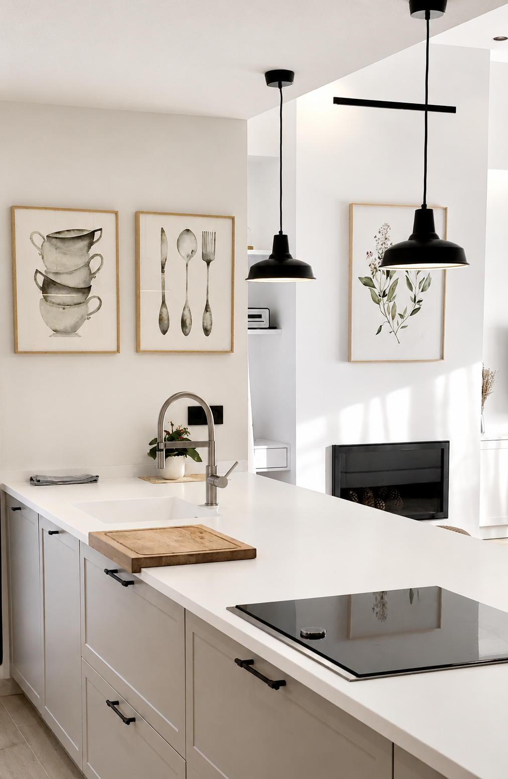 Cuadros decorativos en ambiente, en la cocina, pareja de cuadros de cubiertos y tazas. En el salón, cuadro botánico de gran tamaño. Obras originales, pintadas a mano por Isabel Altet