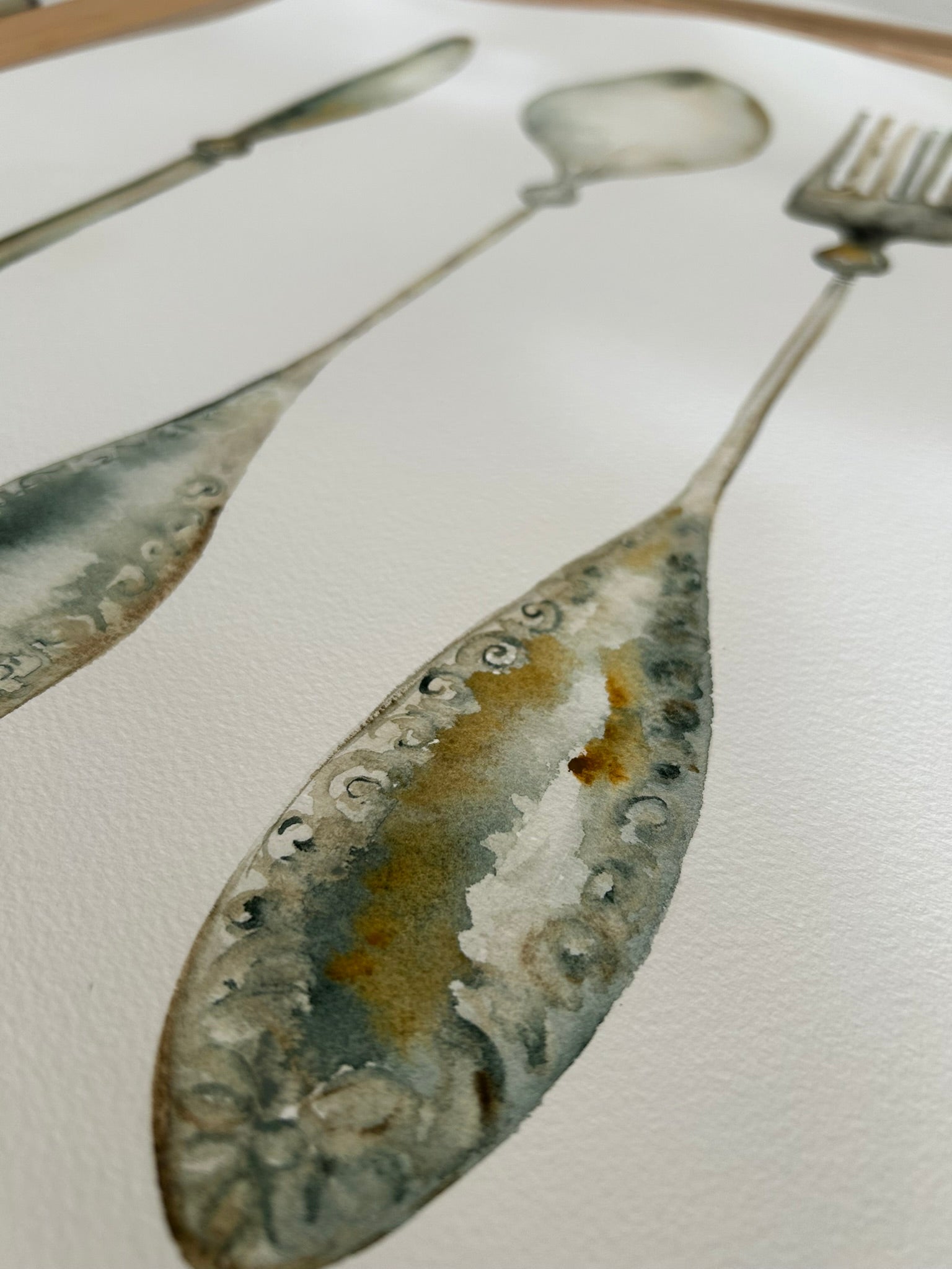 Detalle colores dibujo de unos cubiertos de un cuadro para la cocina, es una obra original de Isabel Altet