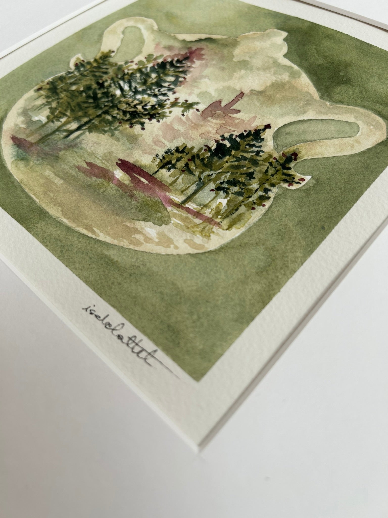 Detalle del dibujo de la sopera antigua en tonos verdes, cuadro decorativo para cocina o comedor