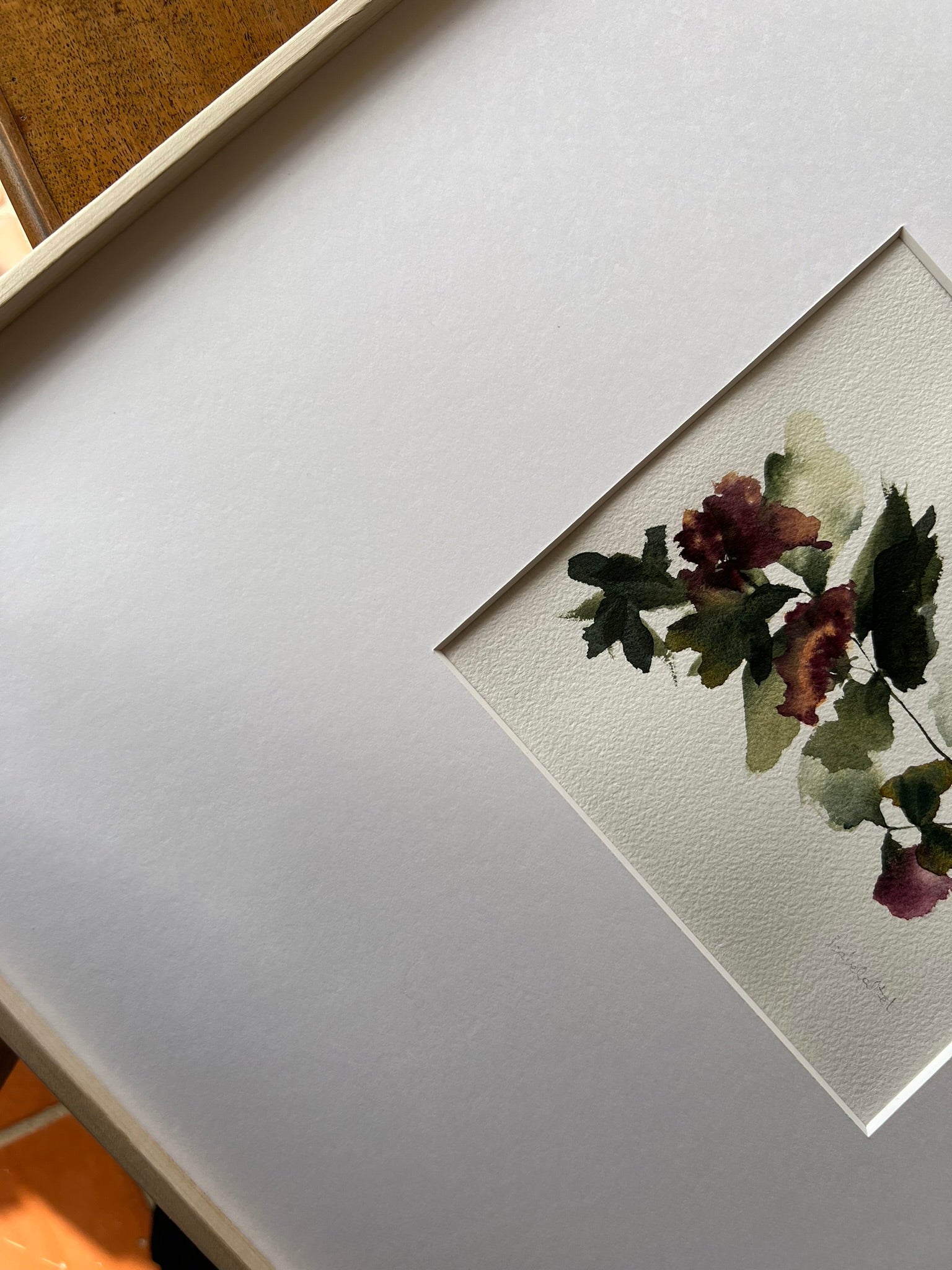 Detalle cuadro decorativo botánico floral para salón, pasillo o dormitorio. Obra original pintada en acuarela