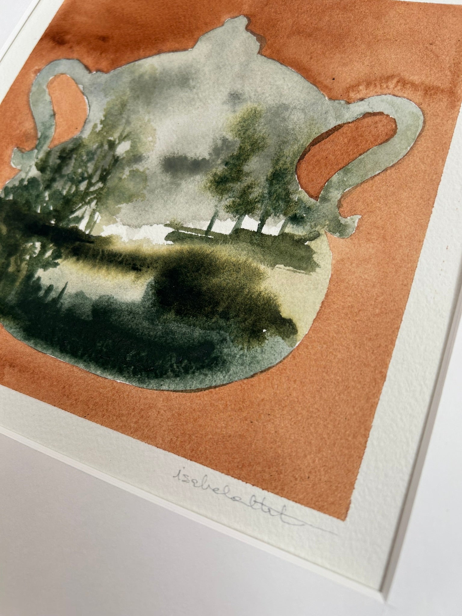 Detalle dibujo sopera con tono naranja y paisaje verde en su interior para cuadro decorativo cocina o comedor