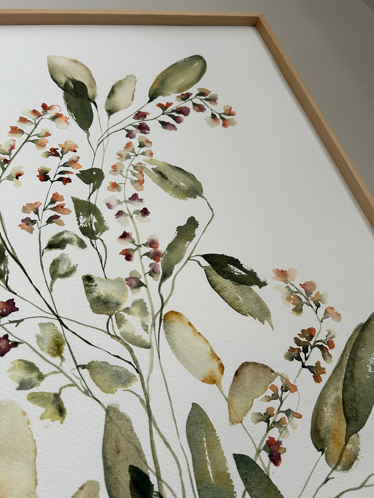 Detalle cuadro acuarela botánica. Obra de autor, pintura original para decorar salón, dormitorio o comedor