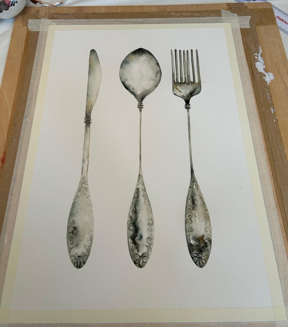 Dibujo de tenedor, cuchara y cuchillo, pintados a mano en acuarela, cuadro para la cocina pintado por Isabel Altet