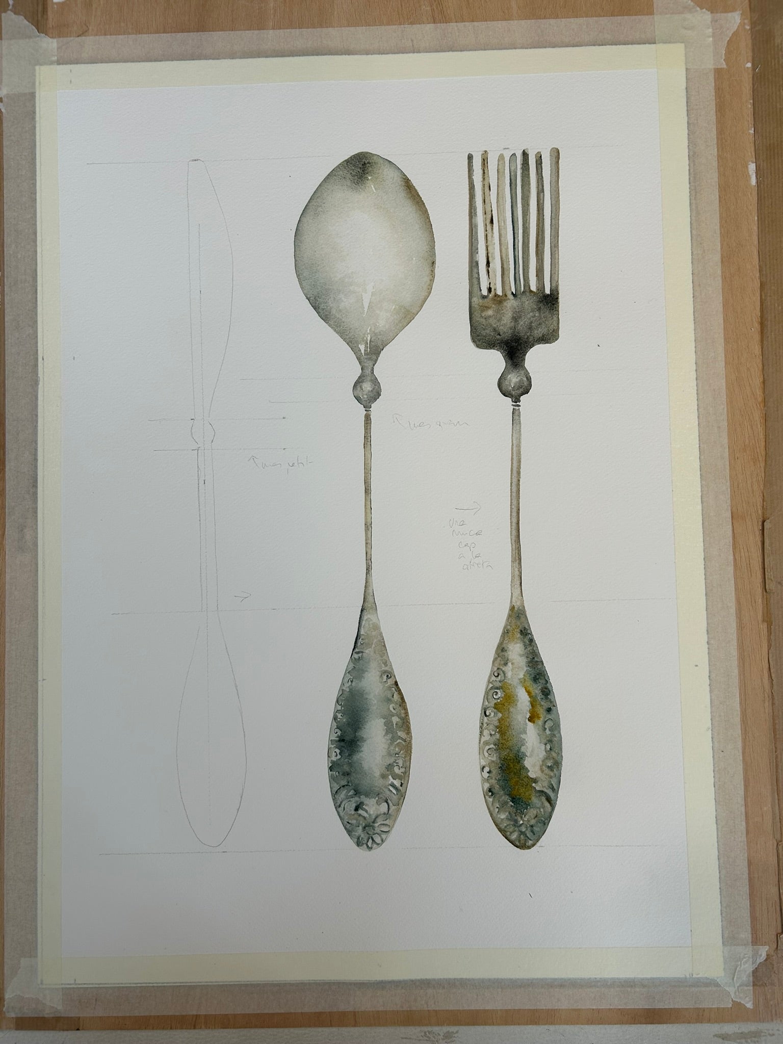 Dibujo de cubiertos en proceso, cuadro para la cocina, pintado a mano en acuarela por Isabel Altet