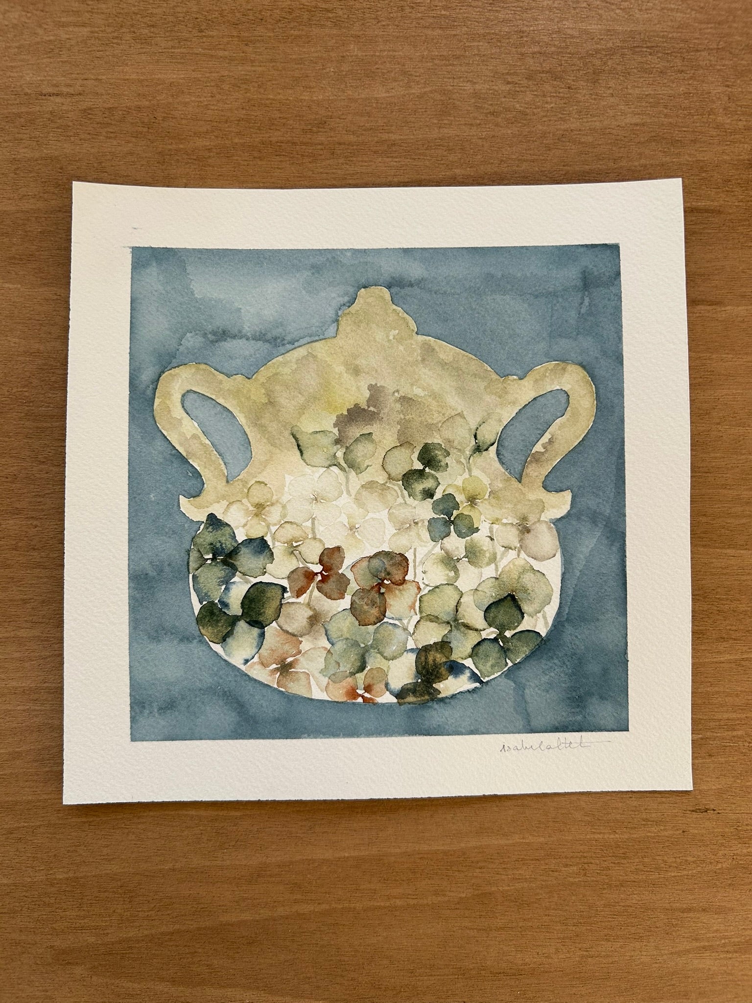 Dibujo original de una sopera para cuadro decorativo cocina o comedor, en tonos azules y multicolor