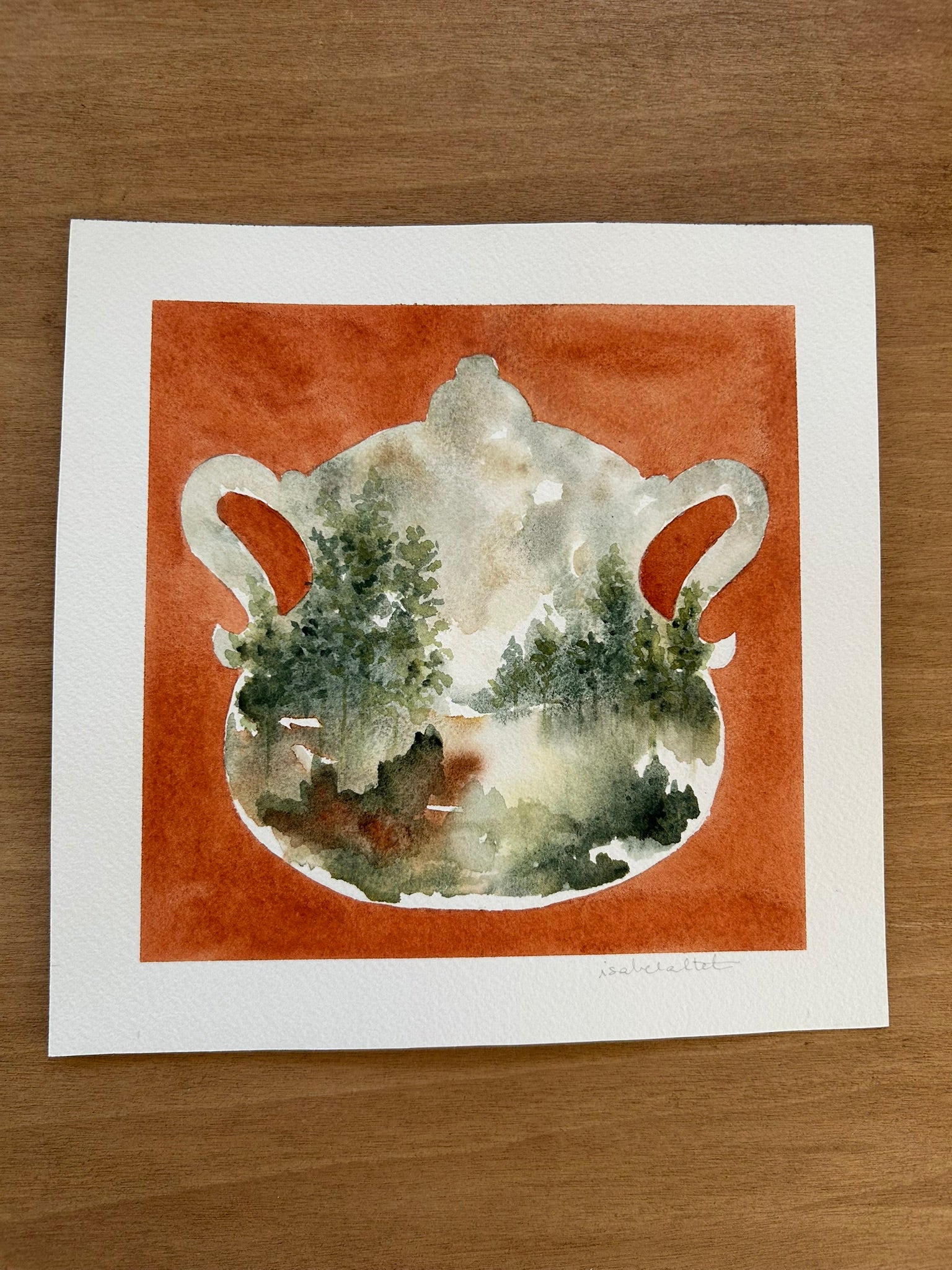 Dibujo original de una sopera para cuadro decorativo cocina o comedor, en tonos naranjas y verdes
