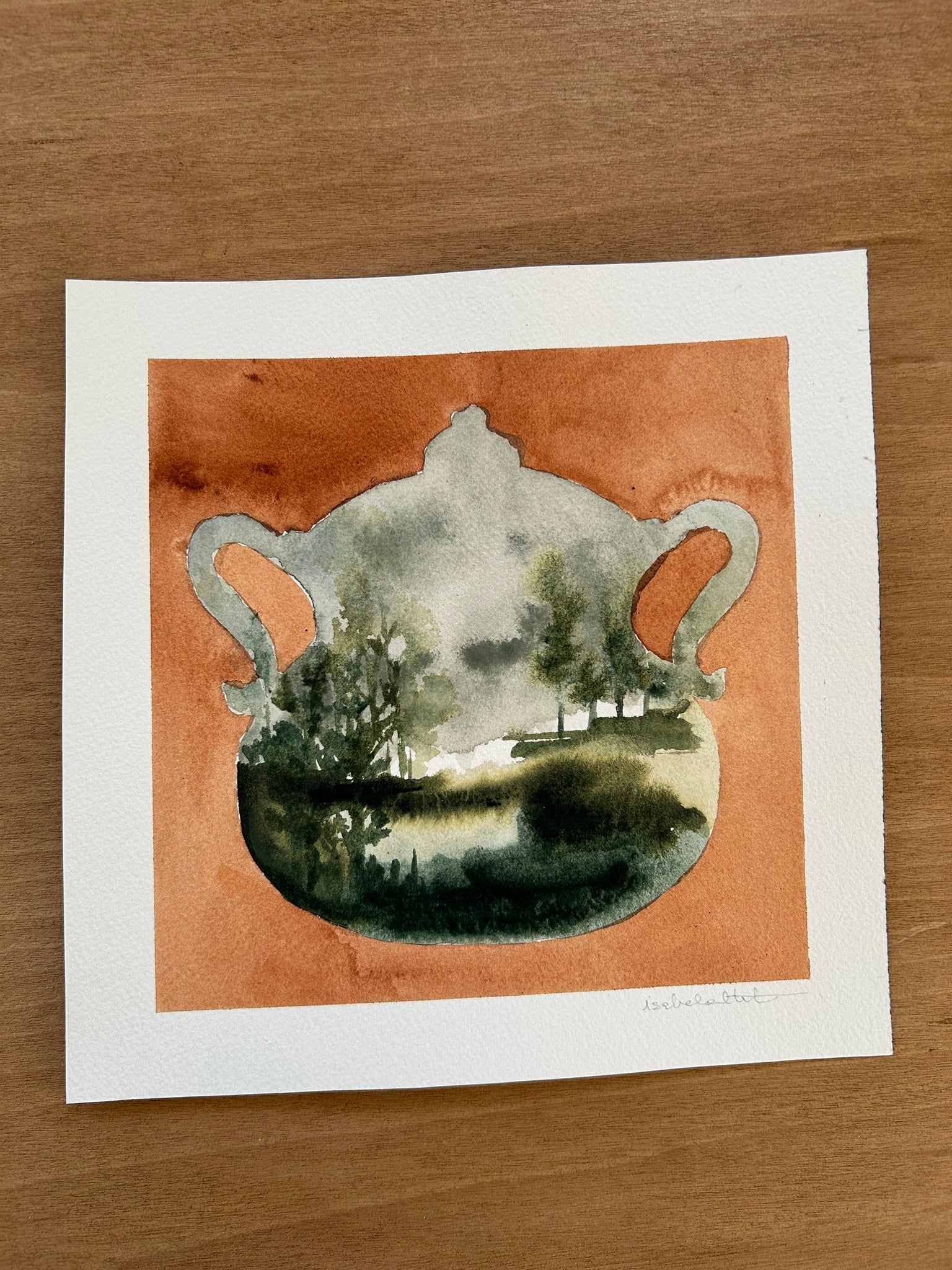 Dibujo original de una sopera para cuadro decorativo cocina o comedor, en tonos naranjas y verdes