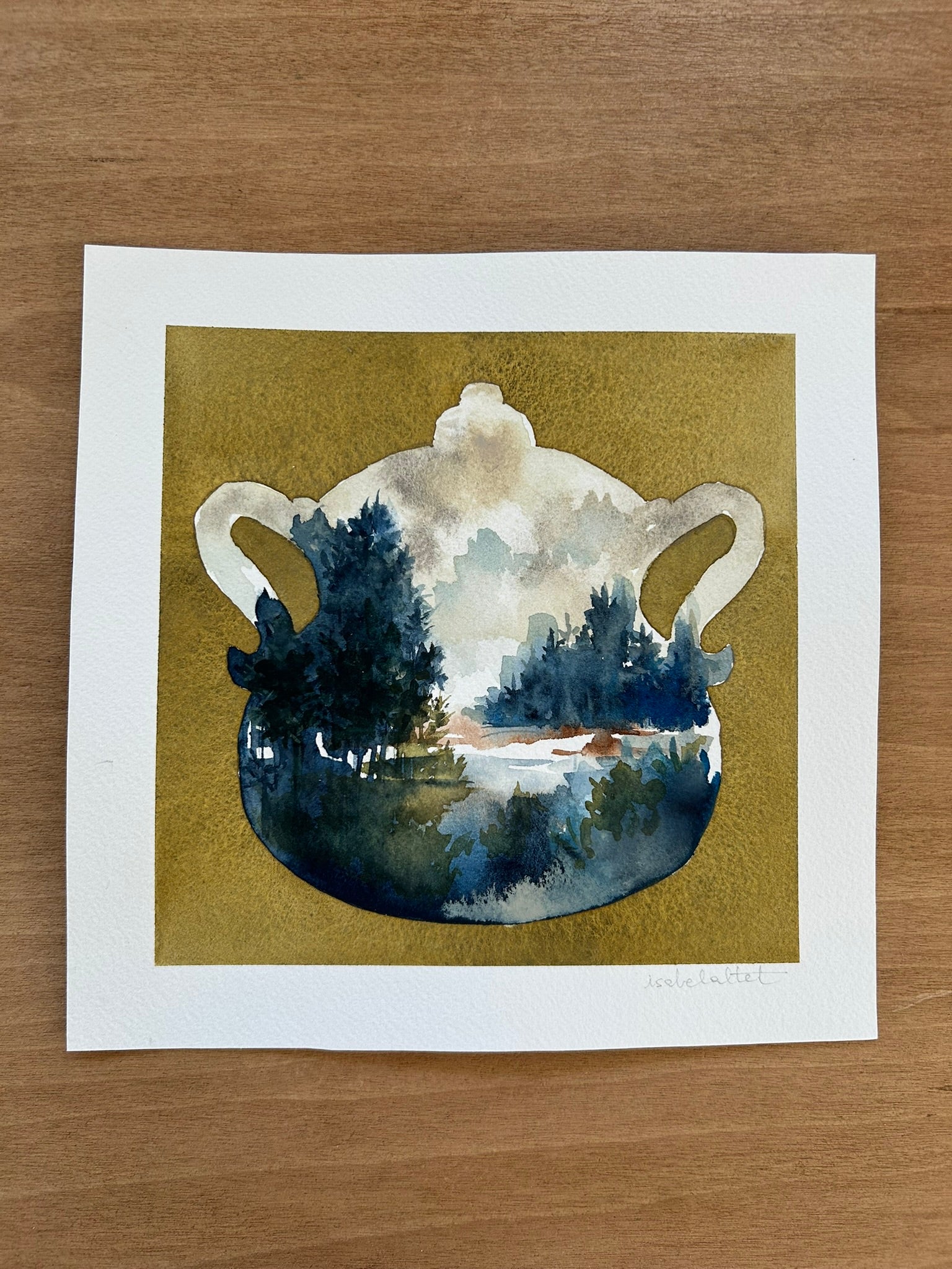 Dibujo original de una sopera para cuadro decorativo cocina o comedor, en tonos ocre y azul cobalto