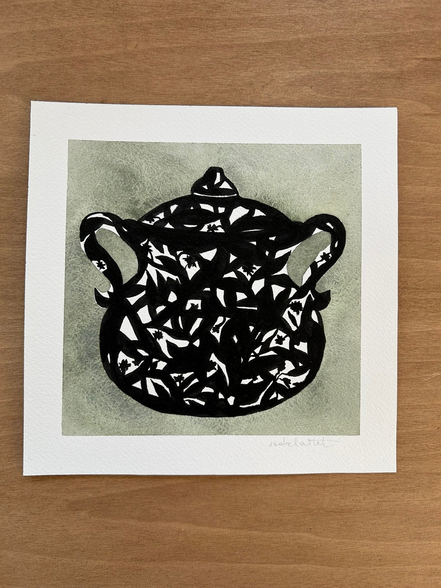 Dibujo original de una sopera para cuadro decorativo cocina o comedor, en tonos verdes y tinta negra