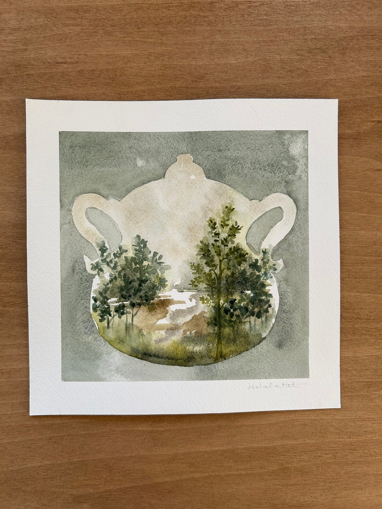 Dibujo original de una sopera para cuadro decorativo cocina o comedor, en tonos verdes