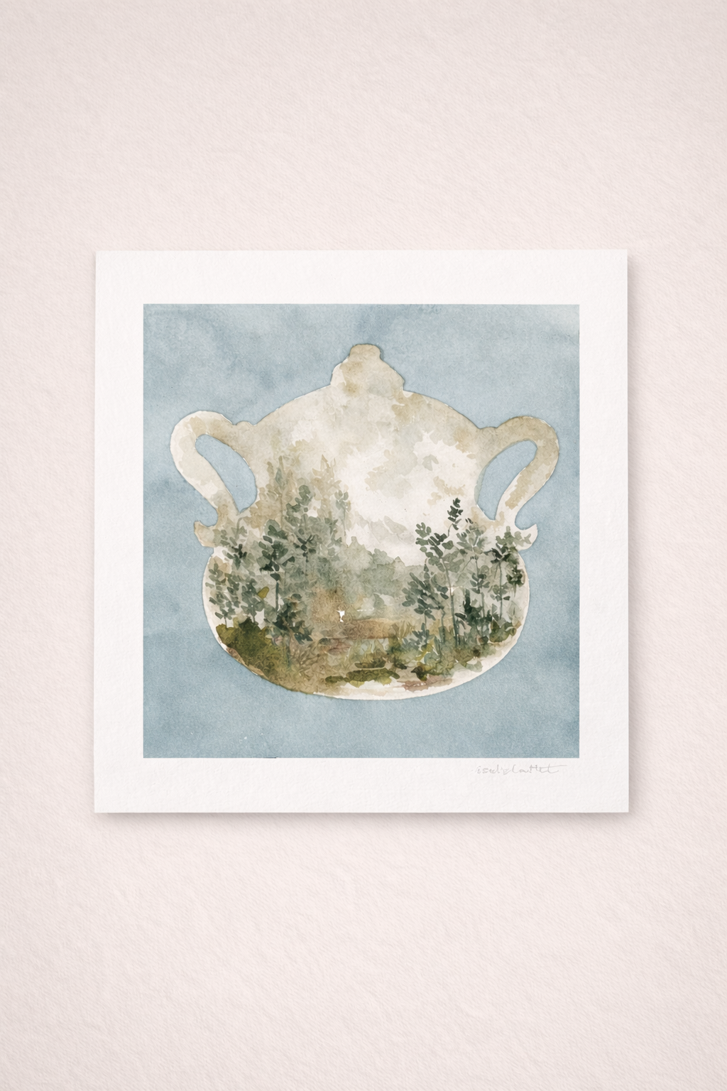 Cuadro decorativo pintado a mano en acuarela de una tetera antigua