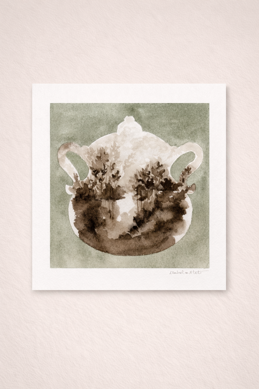 Dibujo pintado en acuarela de una tetera en tonos verdes y marrones