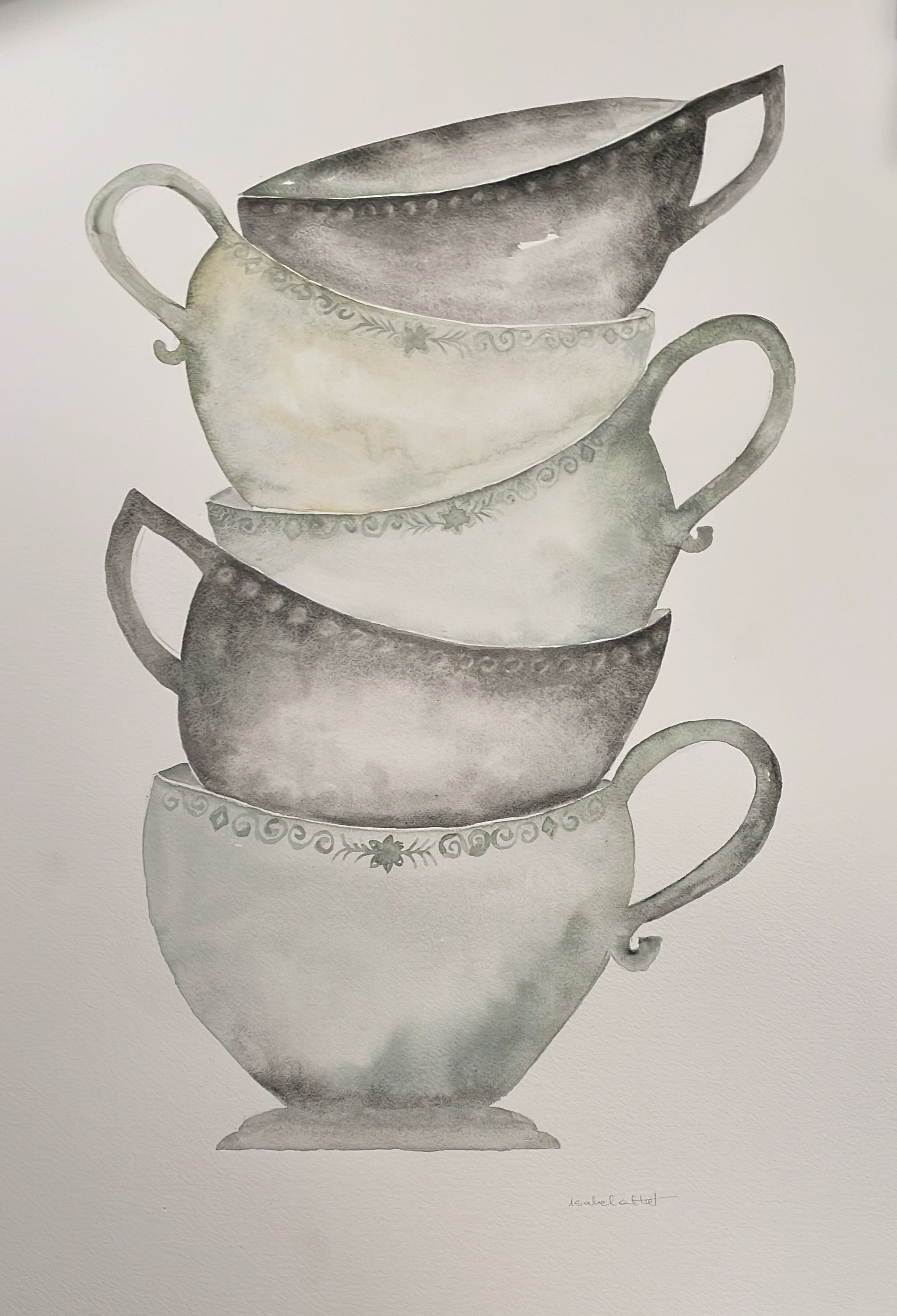 Dibujo de unas tazas amontonadas pintadas a mano con acuarela, pensadas para decorar la cocina de manera original
