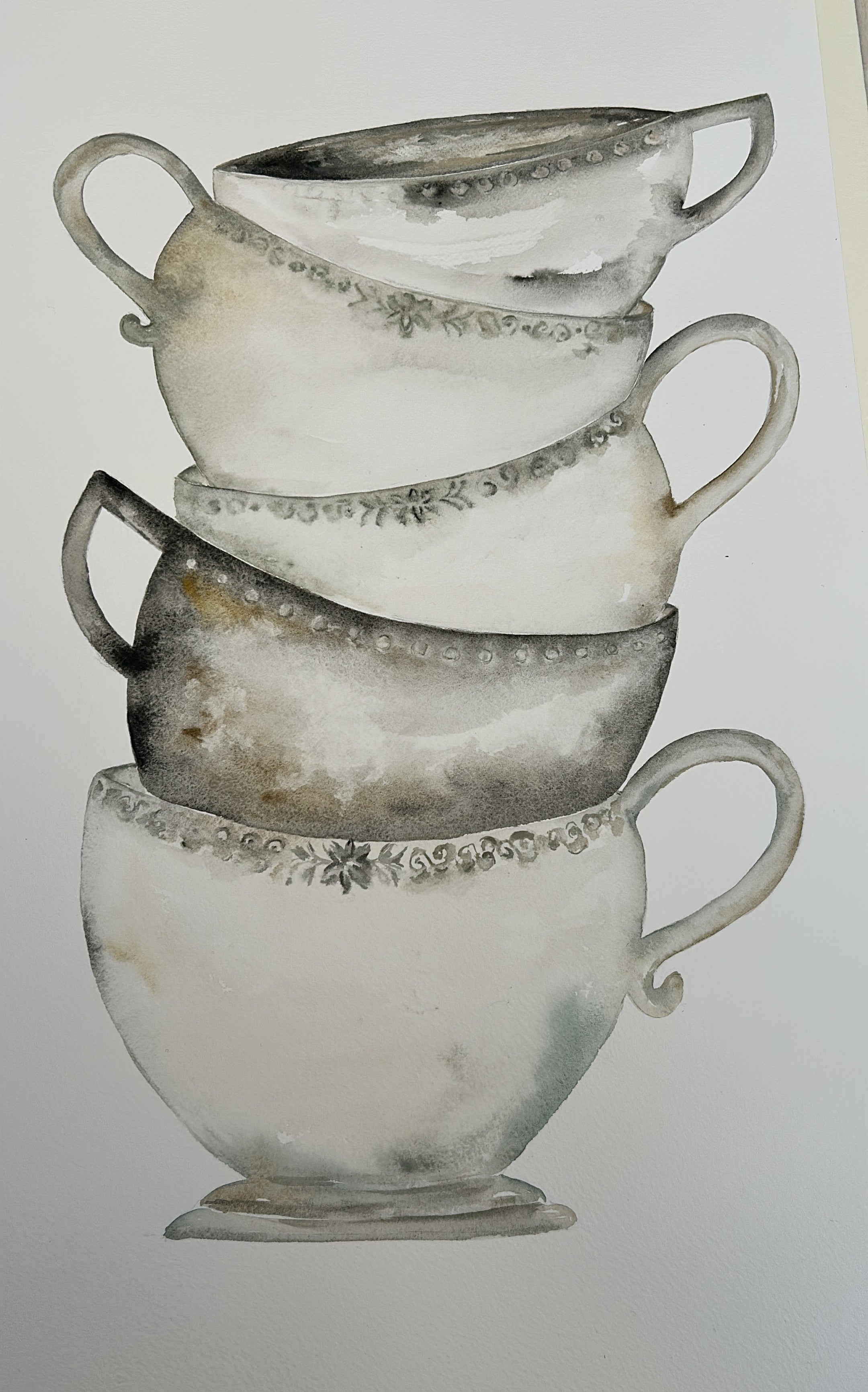 Dibujo de unas tazas en color óxido y gris, pensado para cuadro para decorar la cocina. Es una obra original