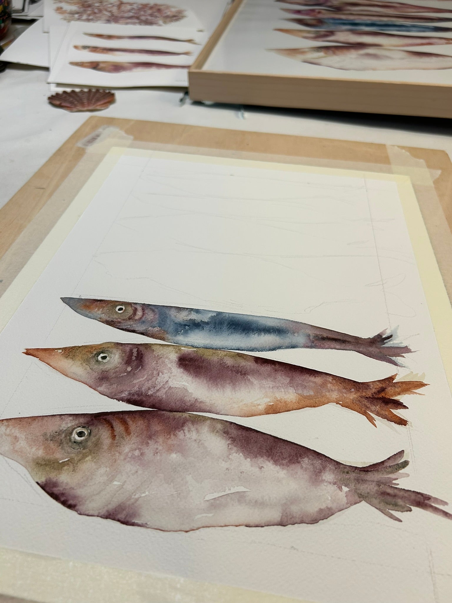 Dibujo en proceso de distintos peces de colores, uno encima de otro, pensado para decorar casa de playa. Obra única y exclusiva de Isabel Altet