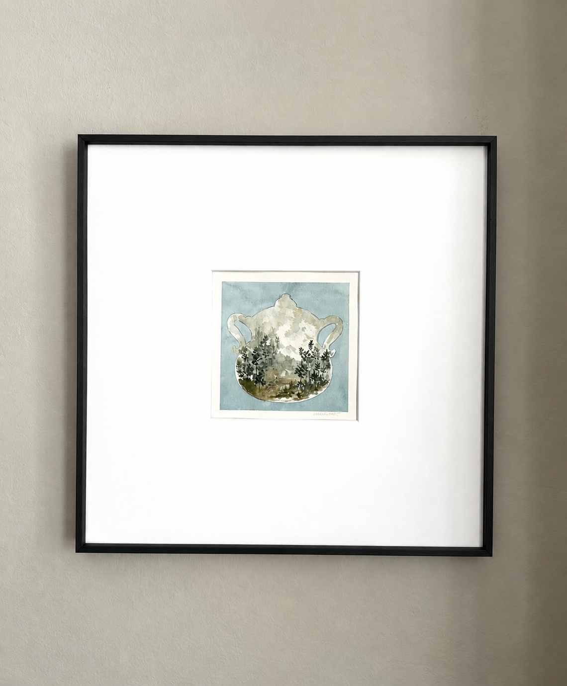 Cuadro pintado en acuarela para cocina o comedor, obra original de Isabel Altet de una sopera antigua en tonos azules y verdes. Enmarcado en negro