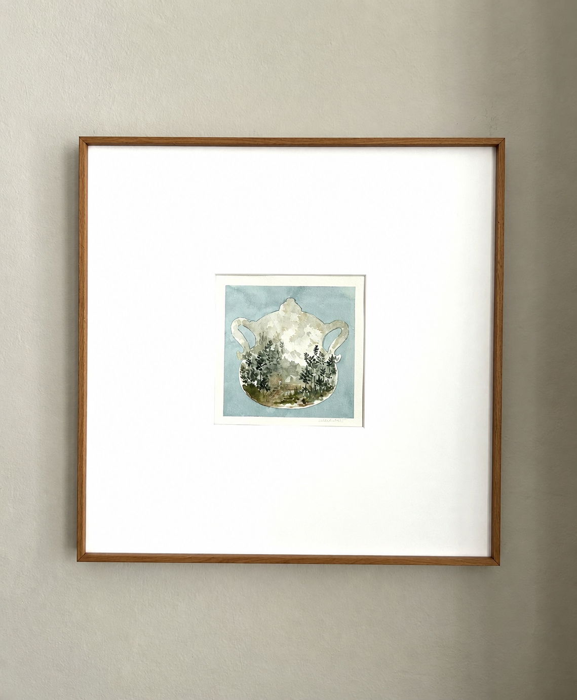 Cuadro pintado en acuarela para cocina o comedor, obra original de Isabel Altet de una sopera antigua en tonos azules y verdes