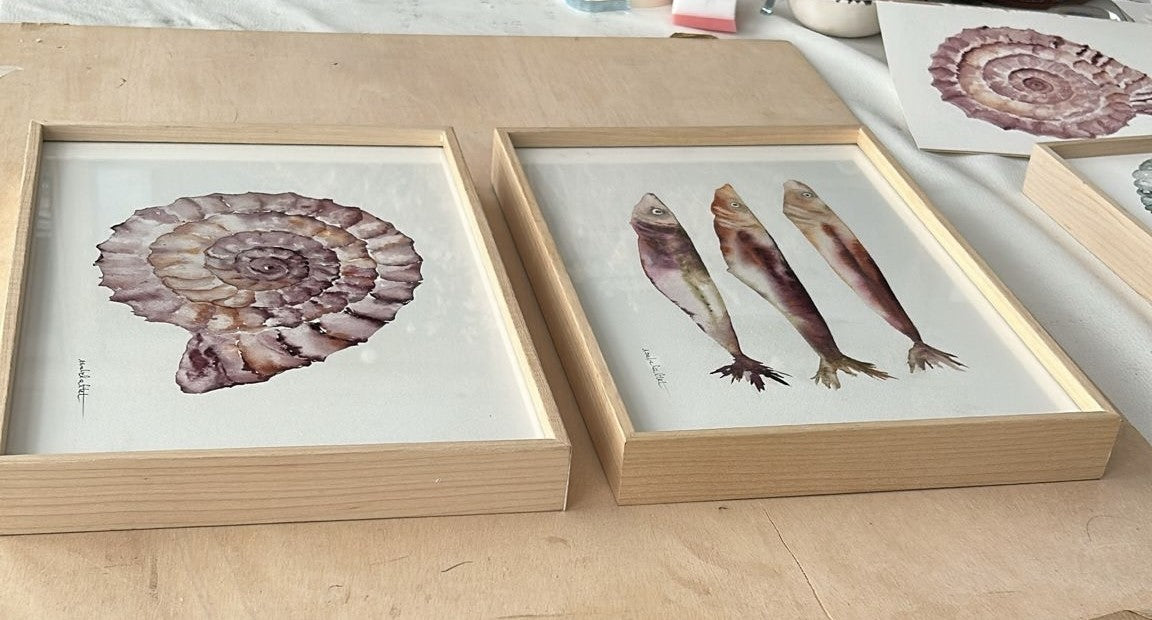 Pareja de cuadros, sardinas y caracol marino, pintados en acuarela a mano por Isabel Altet